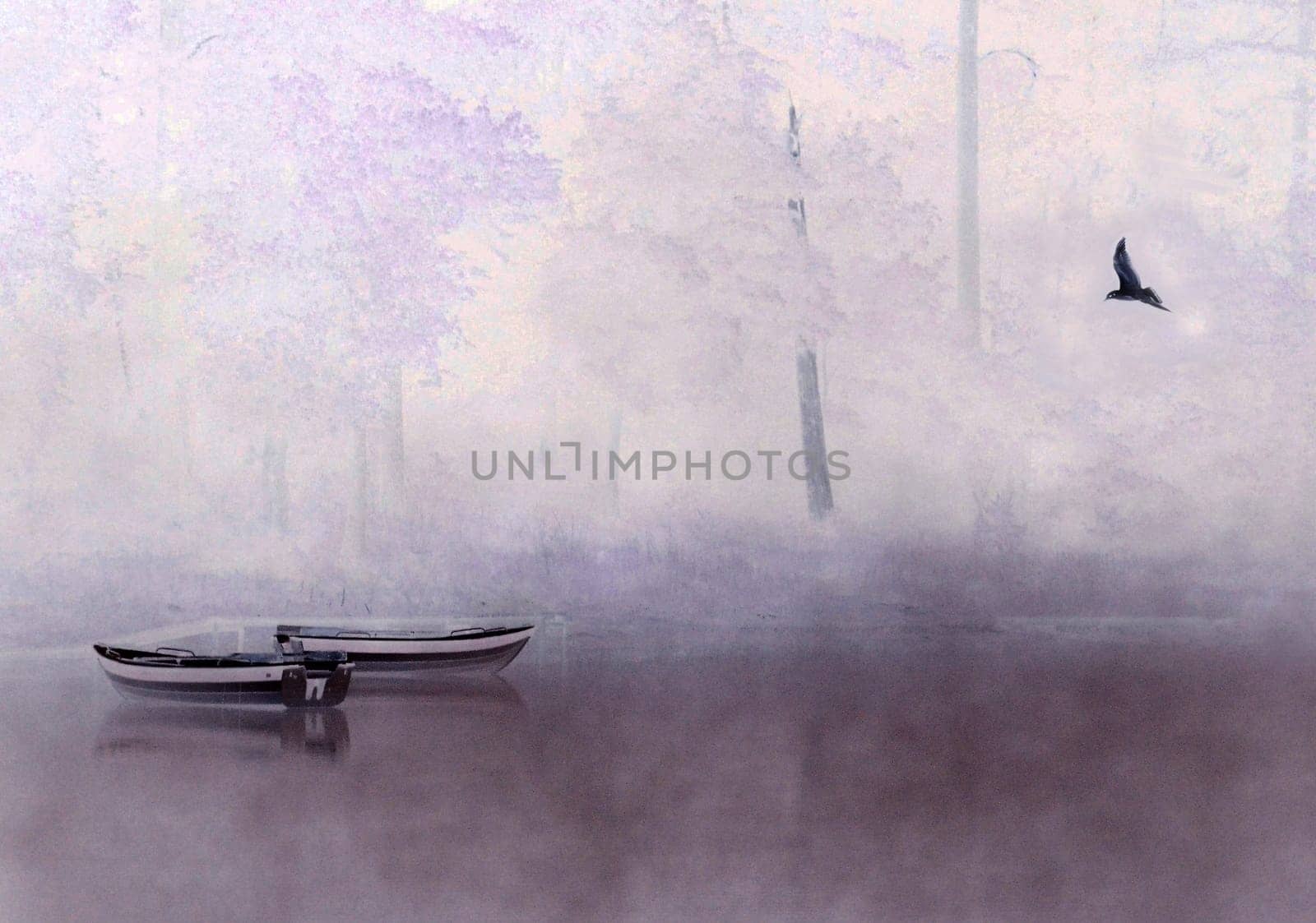 boats during the fog over the Kashubian lake
