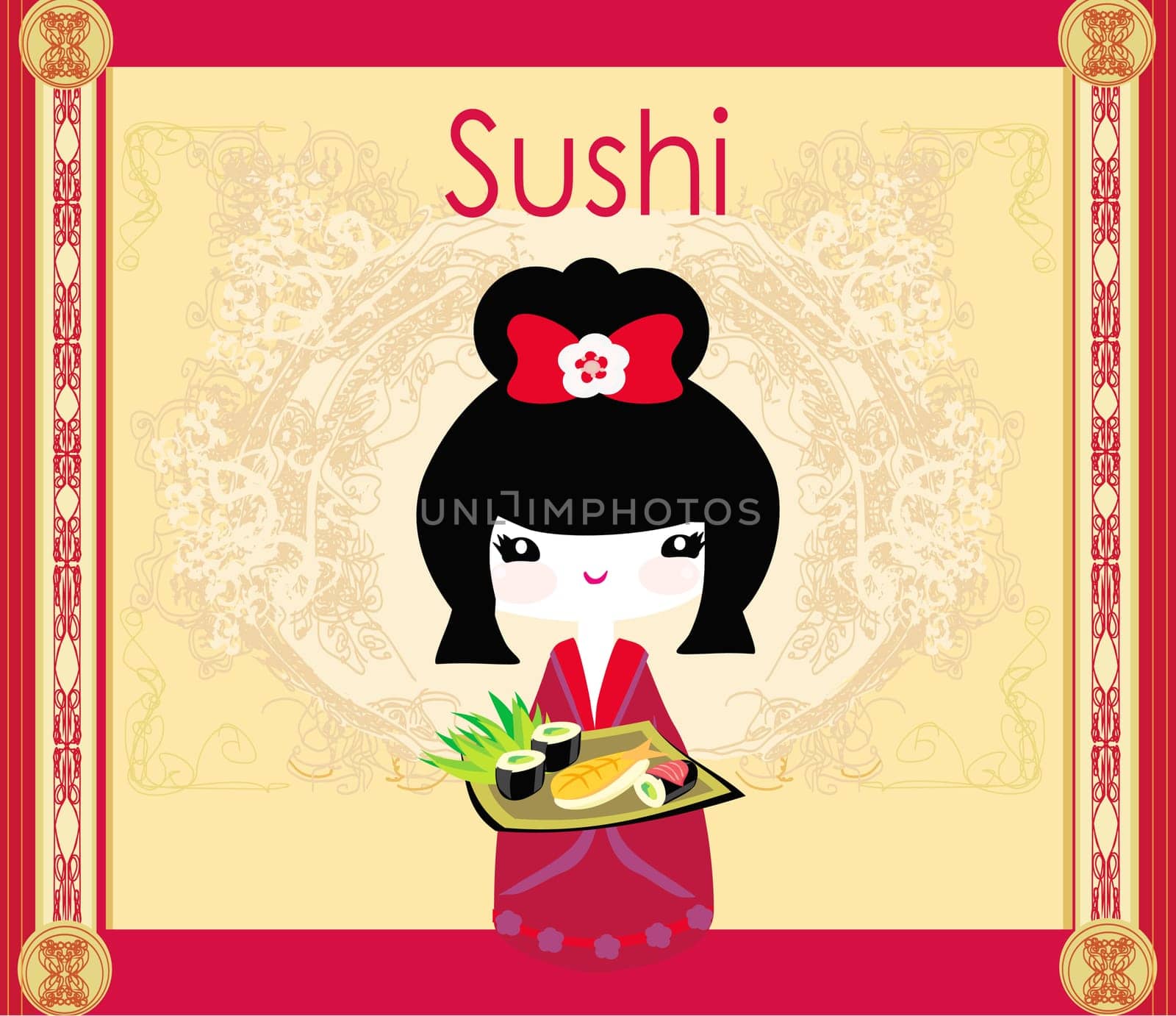 beautiful Asian girl enjoy sushi - menu template