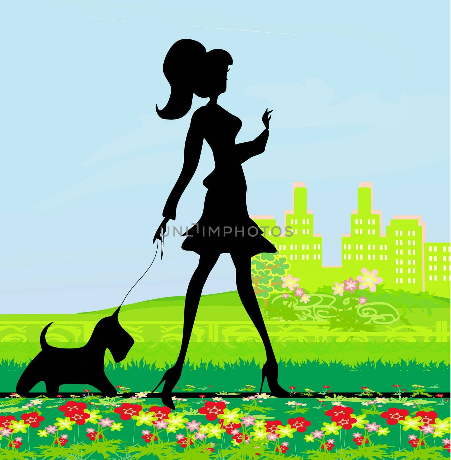Pretty girl walking the dog