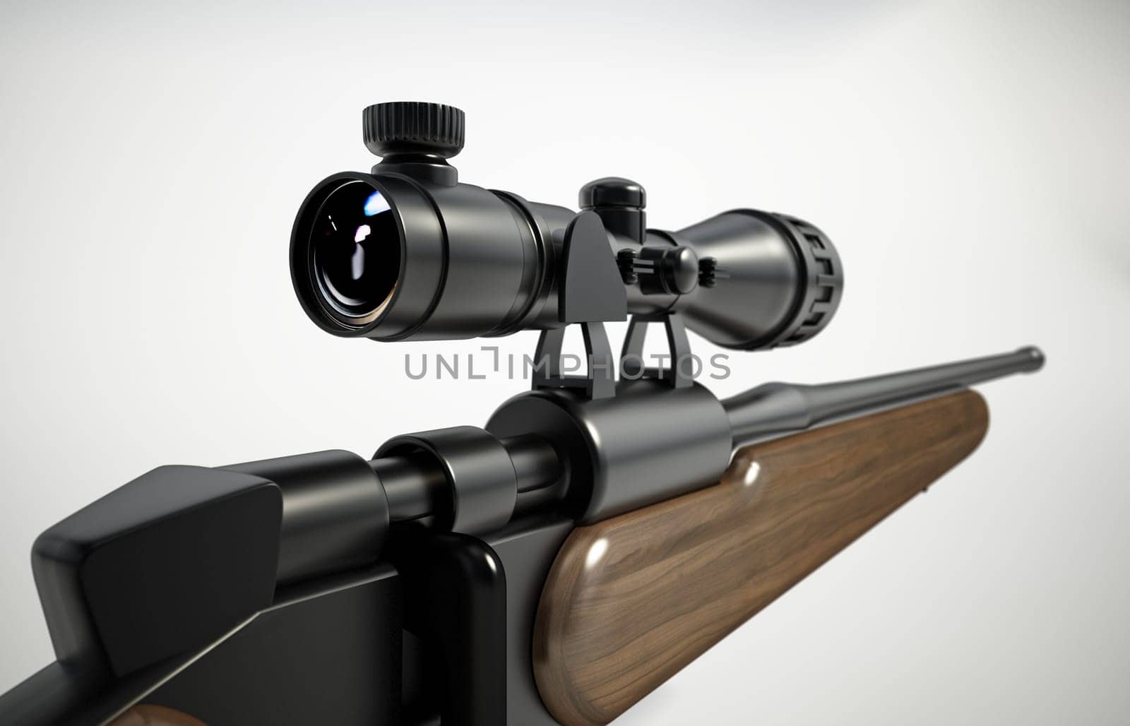 Rifle scope attached on the hunting rifle. 3D illustration.