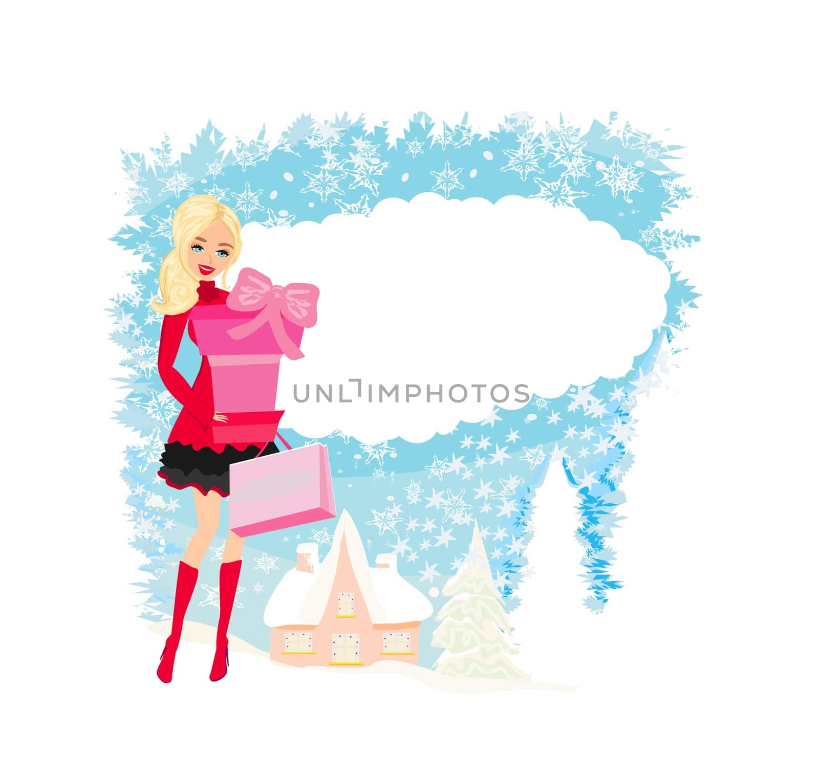 Beautiful girl on Christmas shopping - Christmas card with space for text