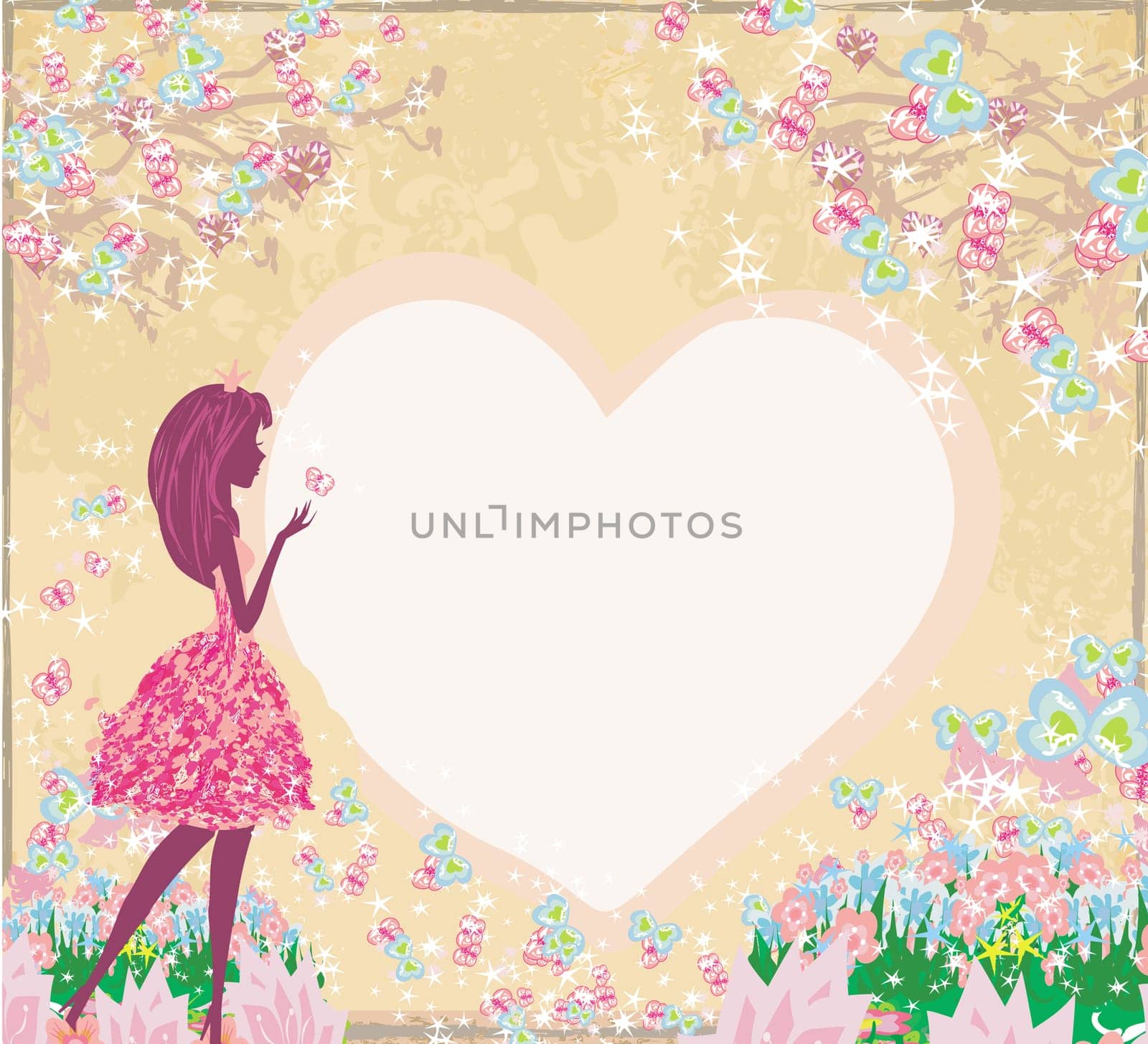 beautiful girly decorative card with fairy, flowers and butterflies - heart-shaped frame