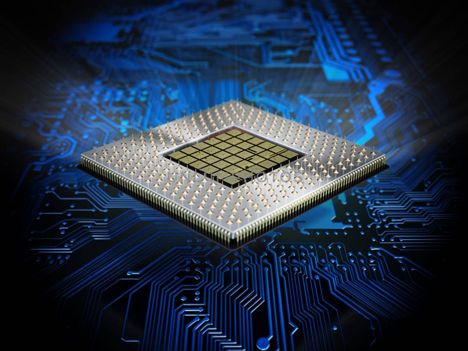 CPU with blue light on the mainboard. 3D illustration.