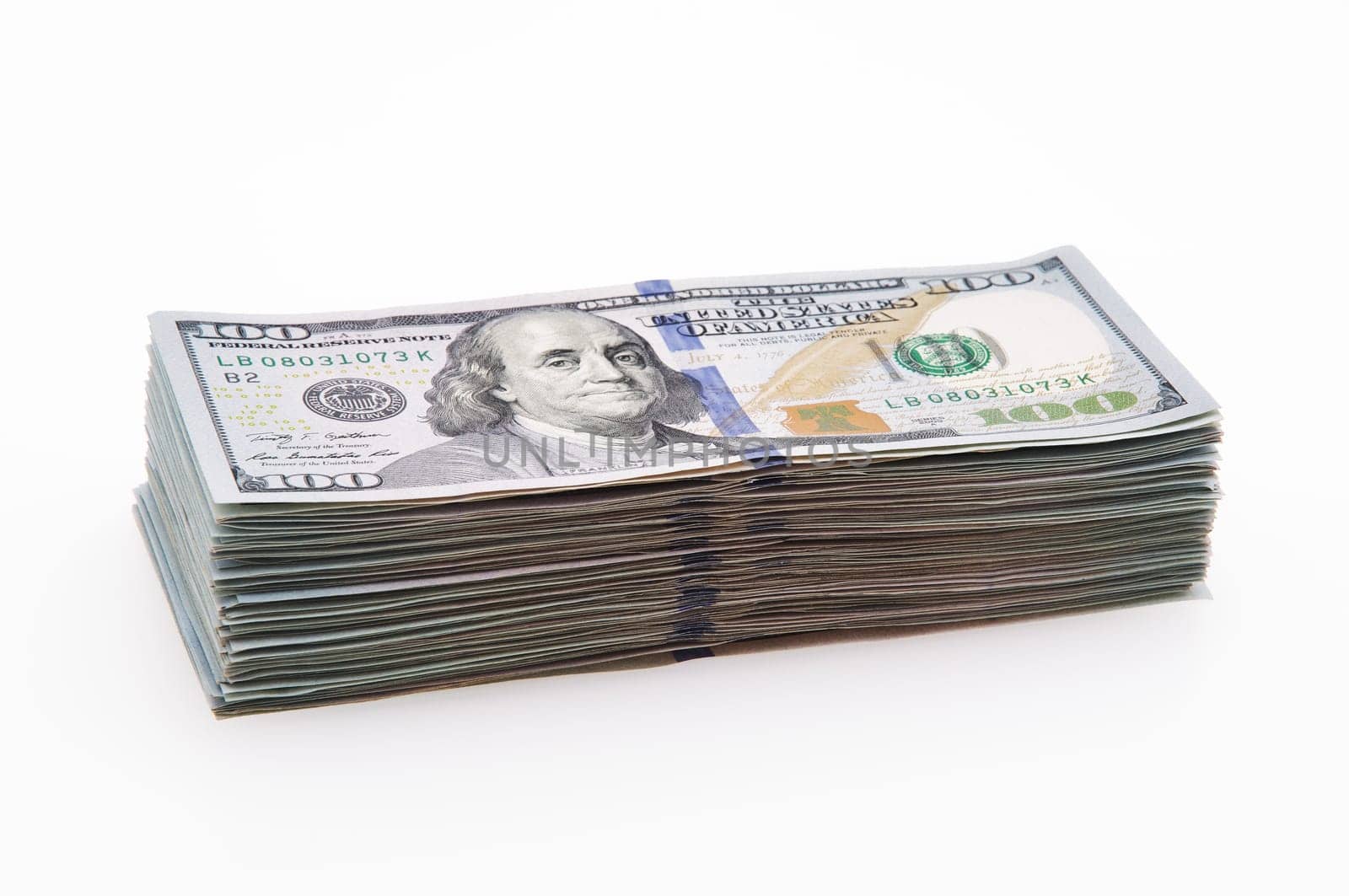 A large stack of hundred-dollar cash bills on a white background. Isolated. Layout, mockup, place for lettering and logo.