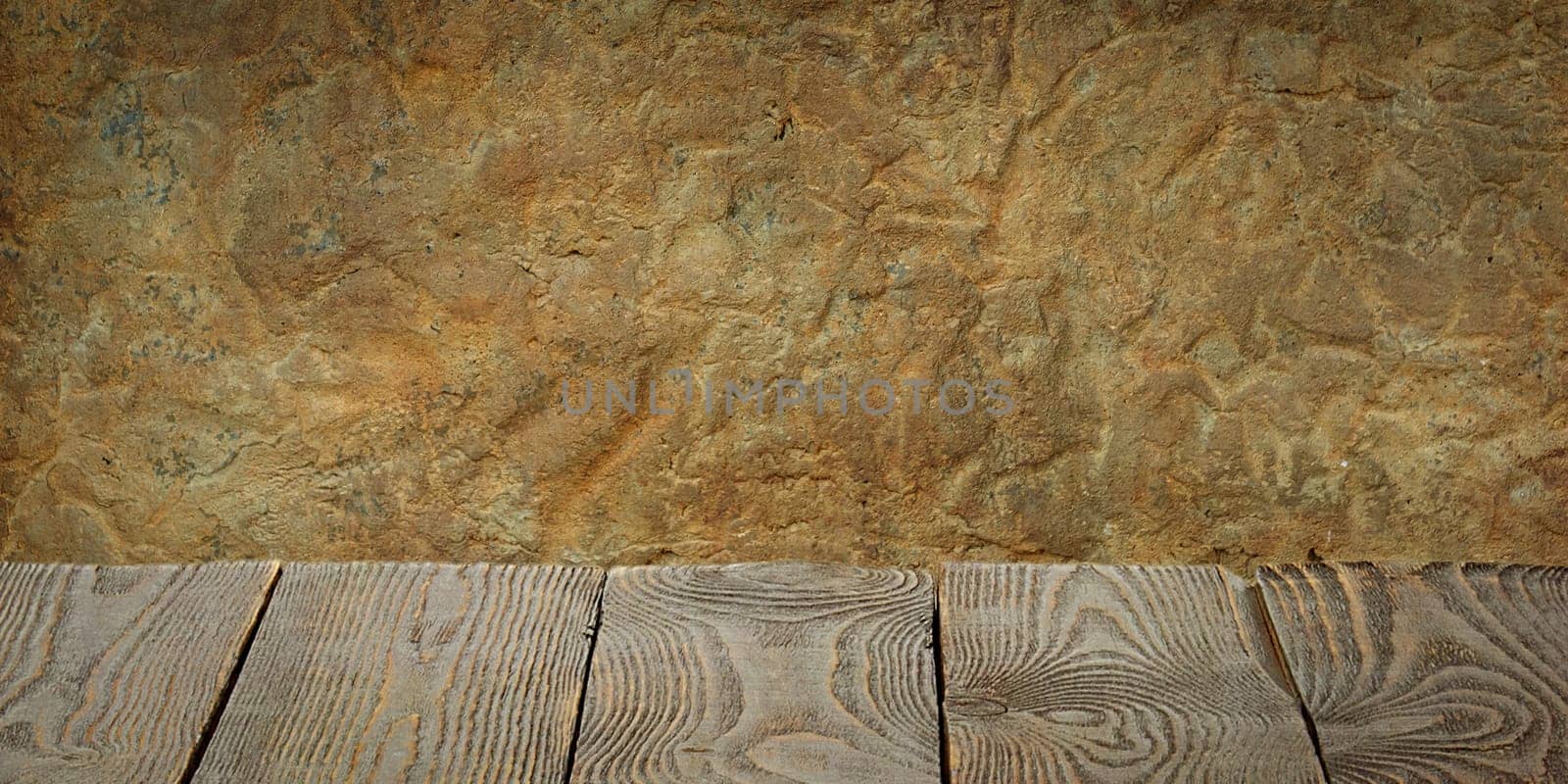 The background is blank wooden boards and a textured plastered wall with lighting and vignetting. For product demonstrations, free space, layout, mockup, perspective board, background board.