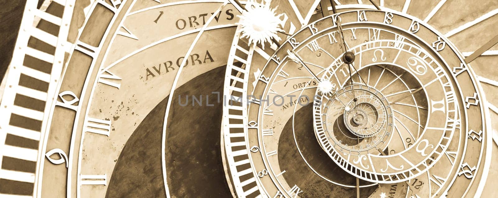 Droste effect background based on Prague astronimical clock. Abstract design for concepts related to astrology, fantasy, time and magic.