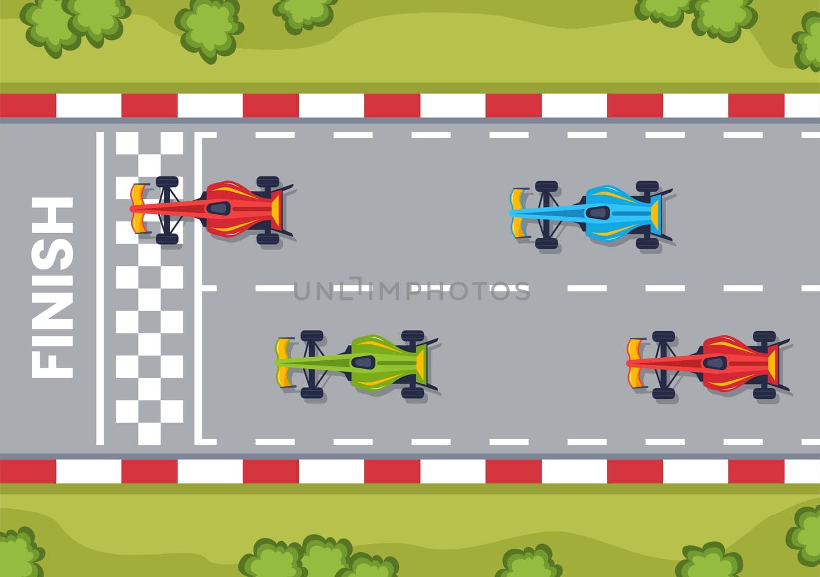 Formula Racing Sport Car Reach on Race Circuit the Finish Line Cartoon Illustration to Win the Championship in Flat Style Design