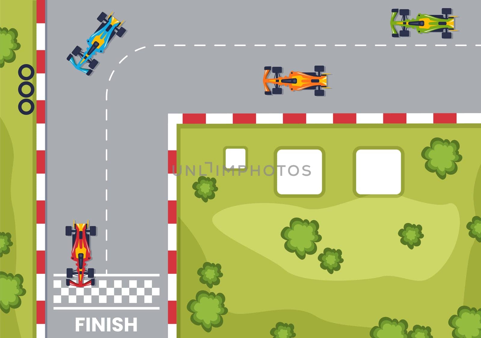 Formula Racing Sport Car Reach on Race Circuit the Finish Line Cartoon Illustration to Win the Championship in Flat Style Design