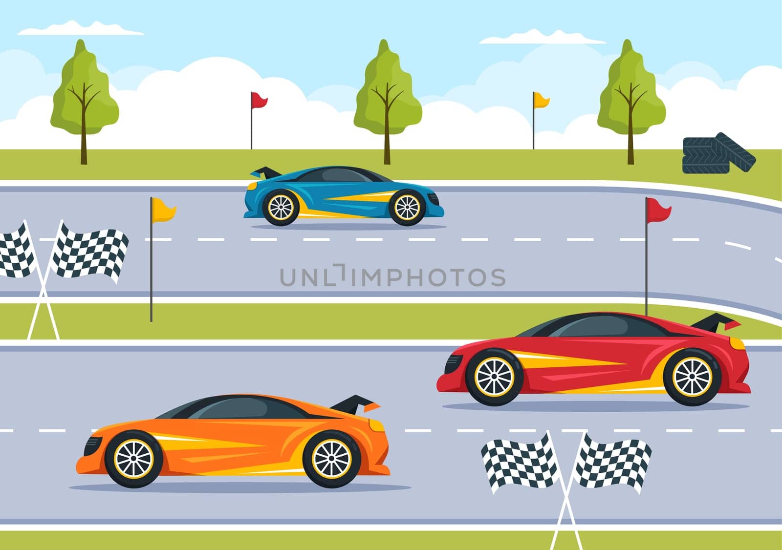 Formula Racing Sport Car Reach on Race Circuit the Finish Line Cartoon Illustration to Win the Championship in Flat Style Design