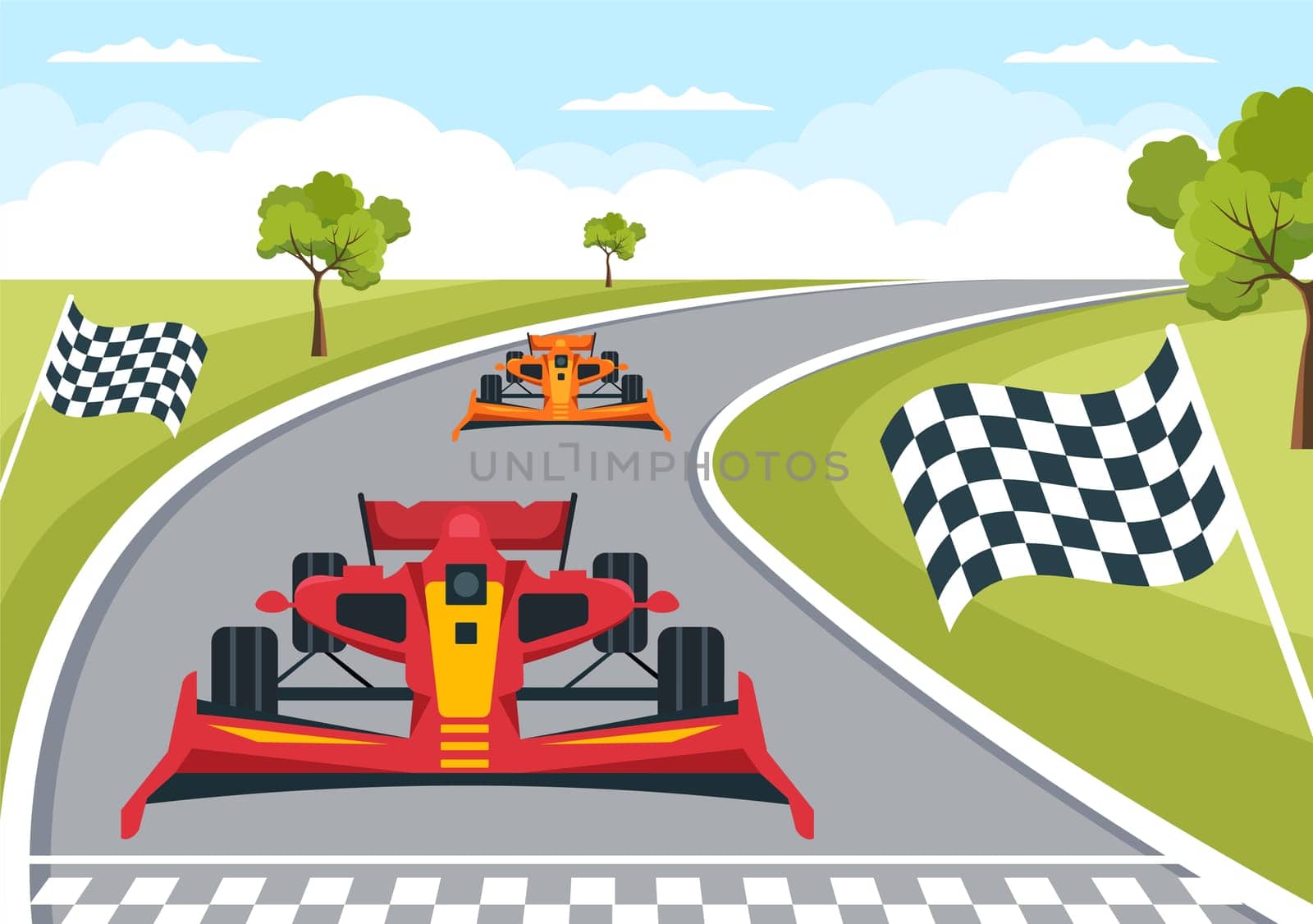 Formula Racing Sport Car Reach on Race Circuit the Finish Line Cartoon Illustration to Win the Championship in Flat Style Design