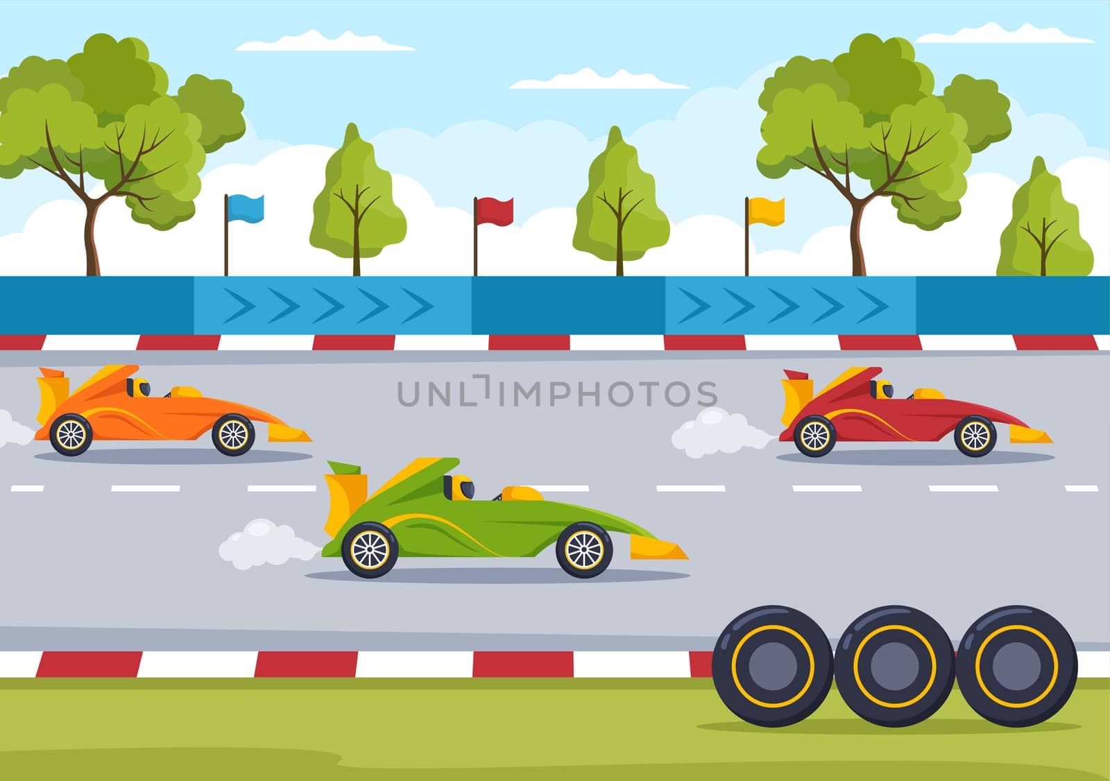 Formula Racing Sport Car Reach on Race Circuit the Finish Line Cartoon Illustration to Win the Championship in Flat Style Design