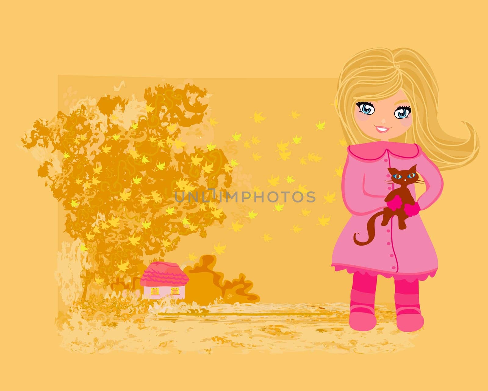 sweet girl in autumn park and her cat