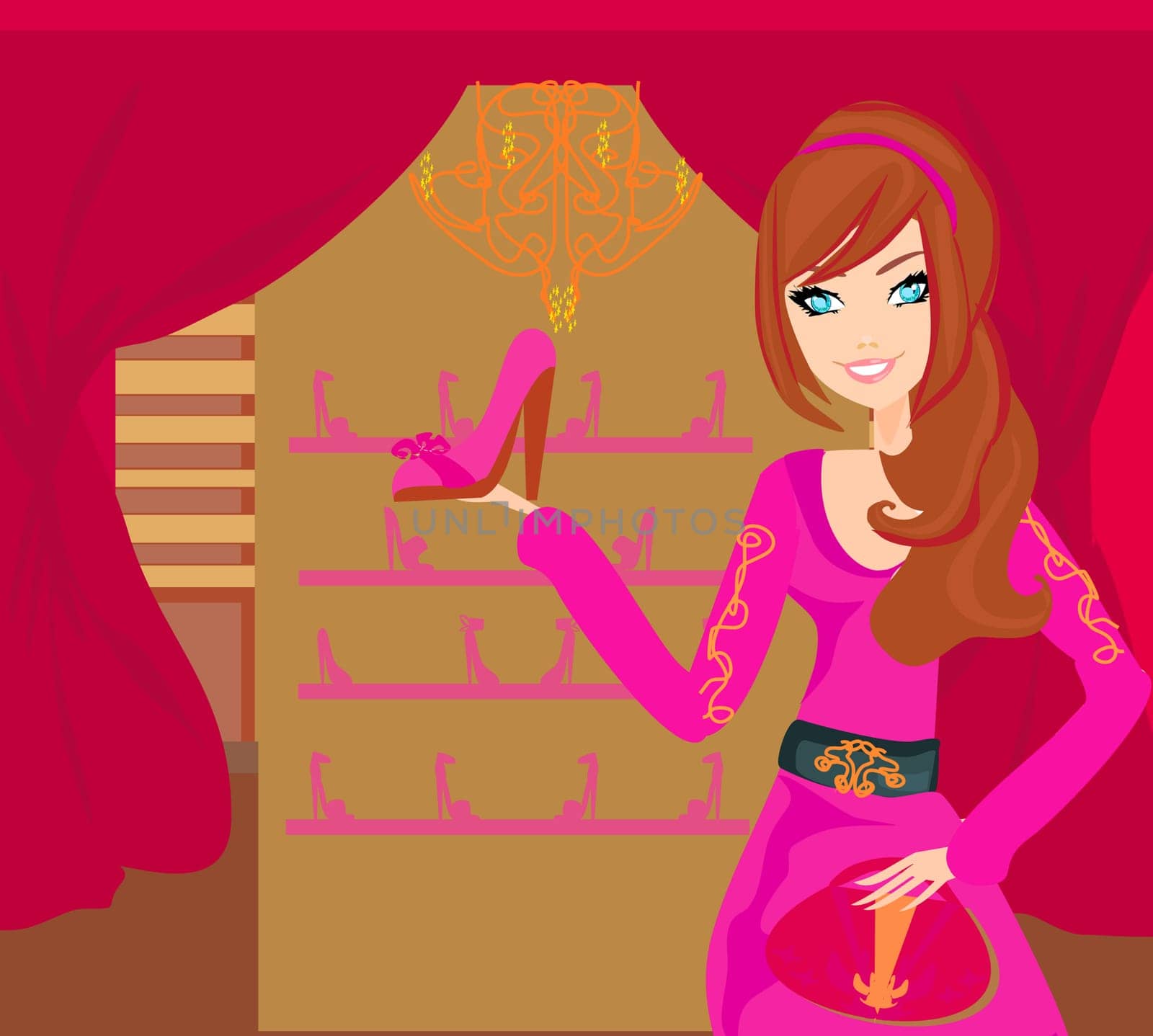 Fashion girl shopping in shoe shop vector illustration