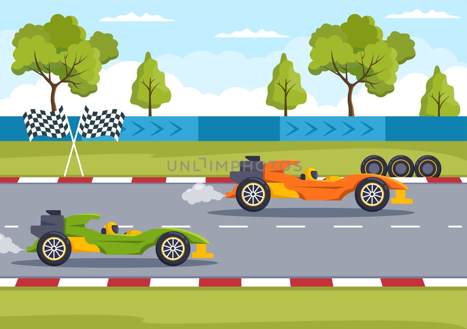 Formula Racing Sport Car Reach on Race Circuit the Finish Line Cartoon Illustration to Win the Championship in Flat Style Design