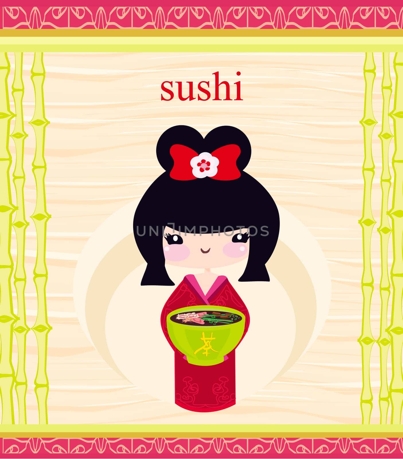 beautiful Asian girl enjoy sushi - menu template