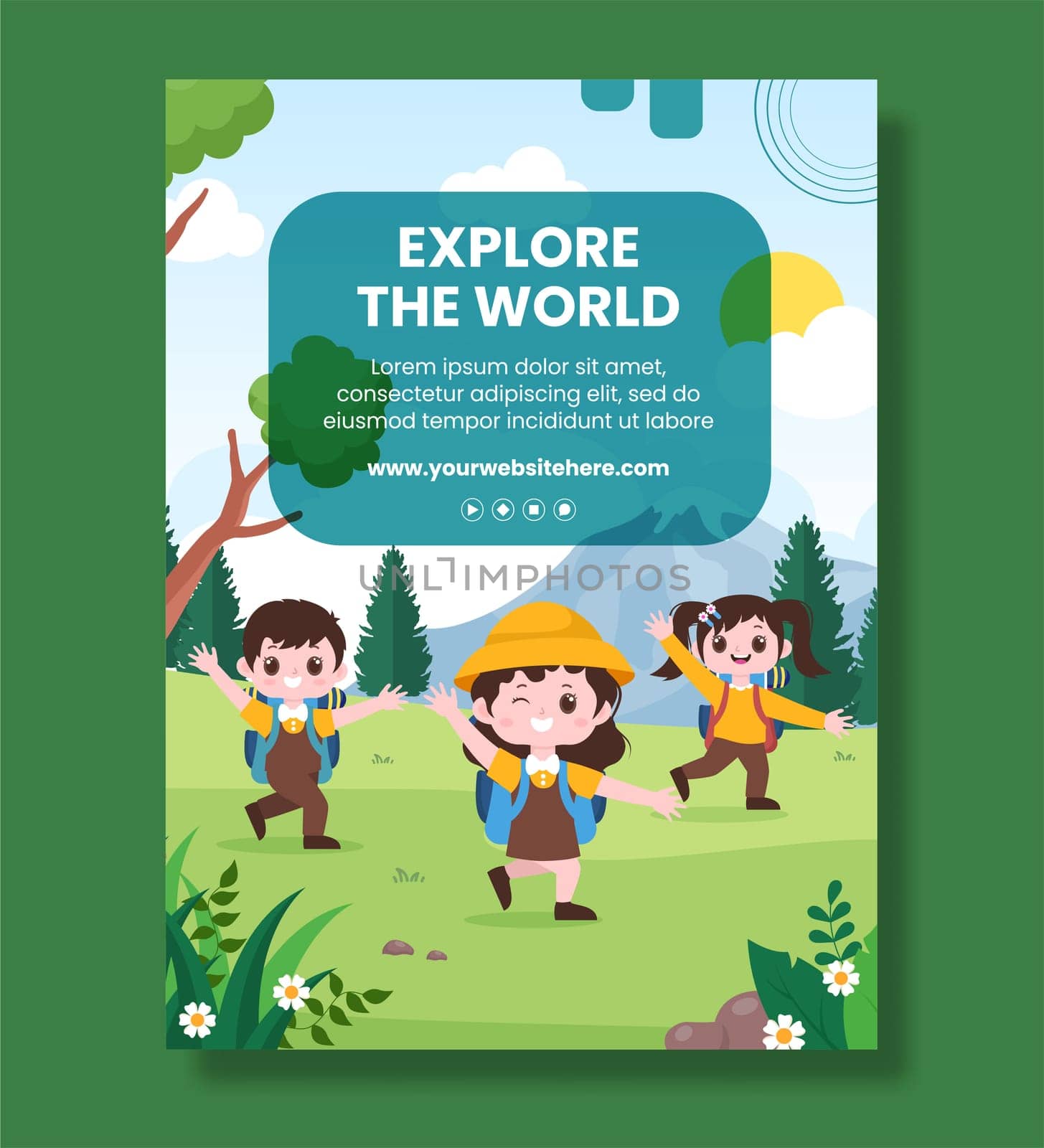 Hiking Mountain Poster Template Flat Cartoon Background Vector Illustration