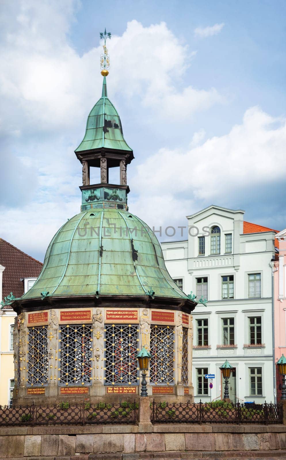 Town hall and Waterwork tower in historic Wismar, Germany