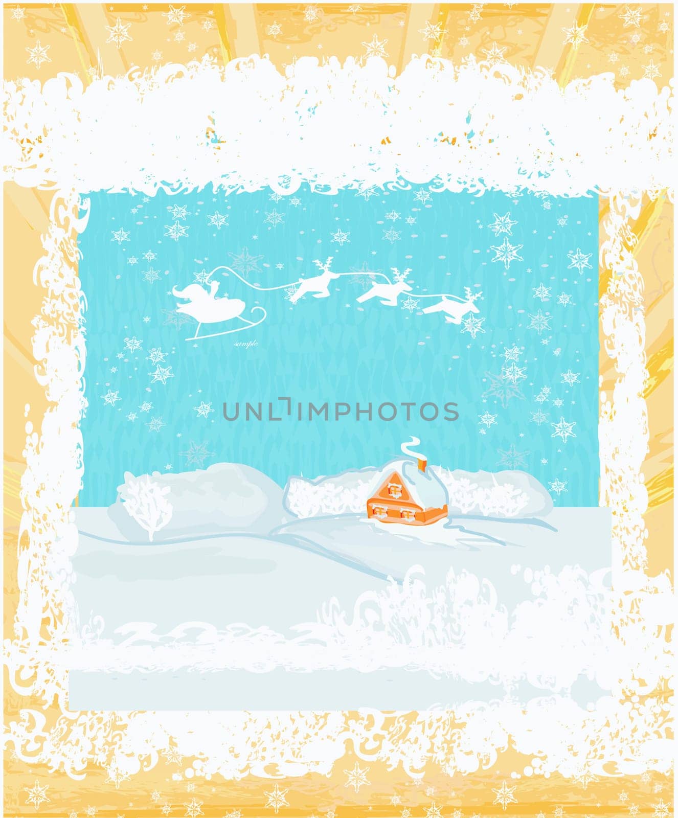 Happy New year card with Santa and winter landscape