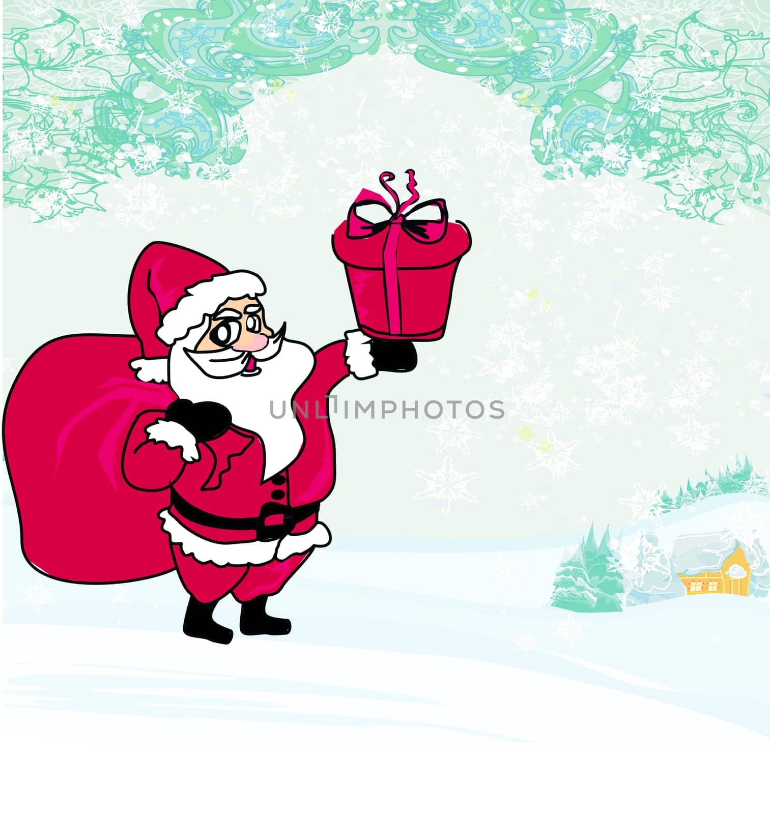 Happy New year card with Santa and winter landscape