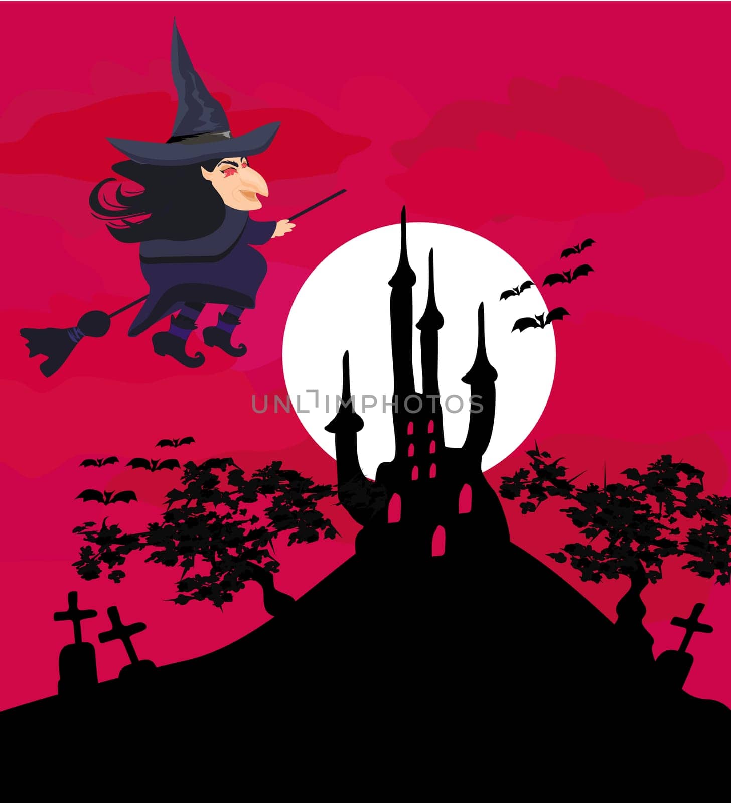 Witch flying on a broom in moonlight.