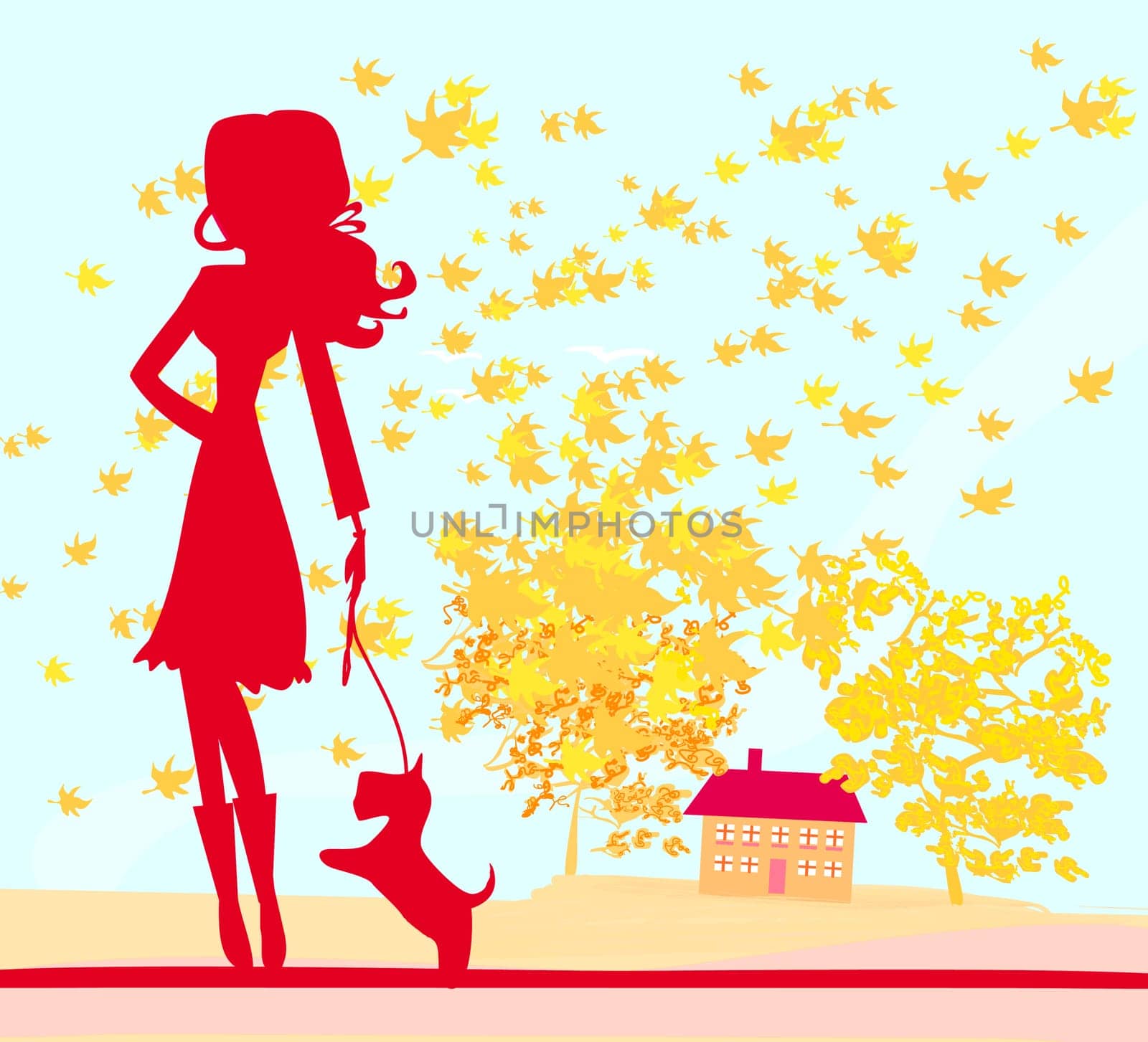 Girl walking with her dog in autumn landscape.