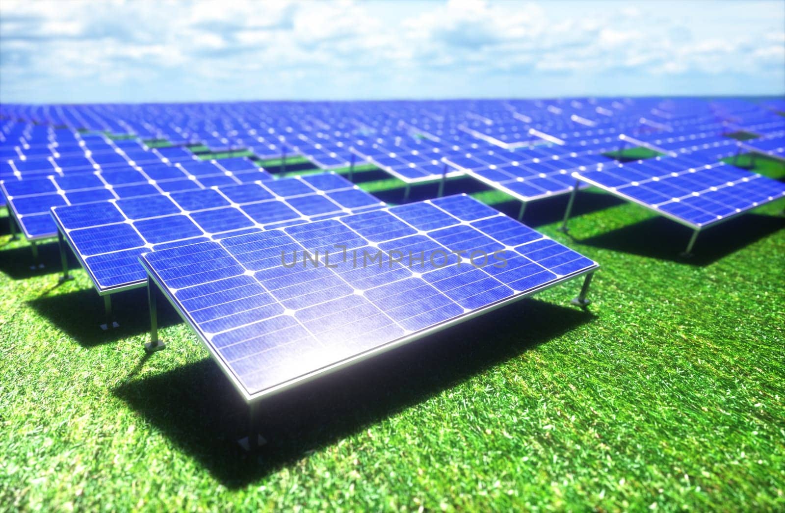 3D illustration. Solar panels spread across the field on the green grass. Clean energy to protect the environment.