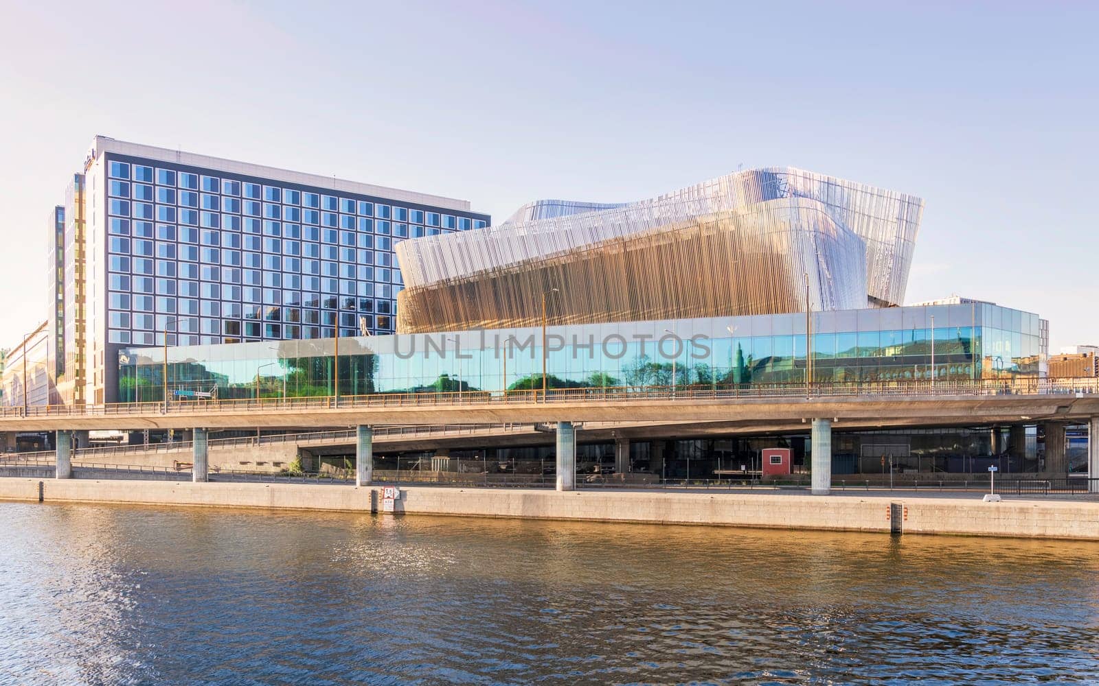 Stockholm Waterfront Congress Centre, an 2011 modern architecture building located at Klarabergsviadukten bridge in central Stockholm, Sweden, overlooking Riddarfjarden bay