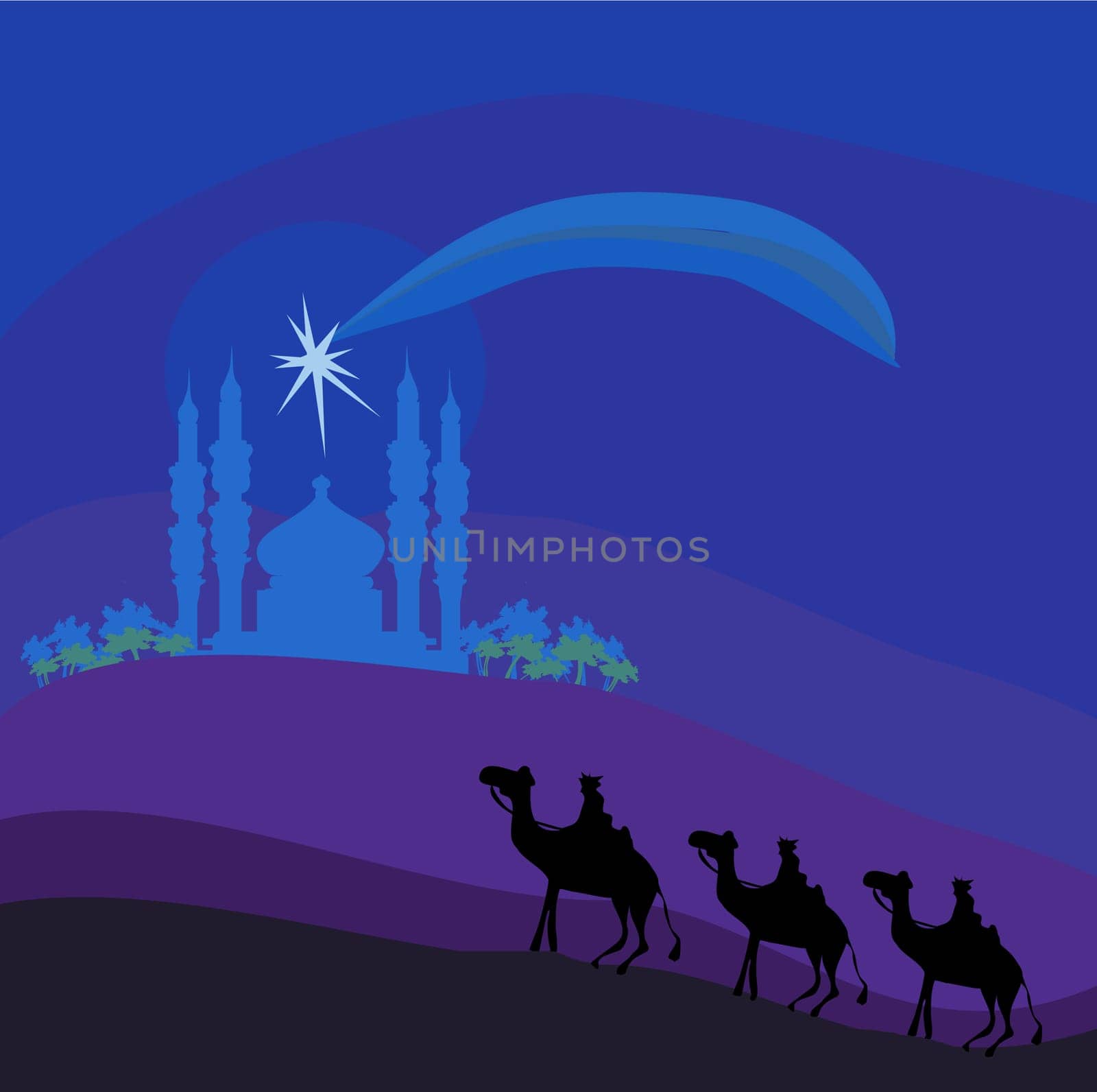 Classic three magic scene and shining star of Bethlehem, vector illustration