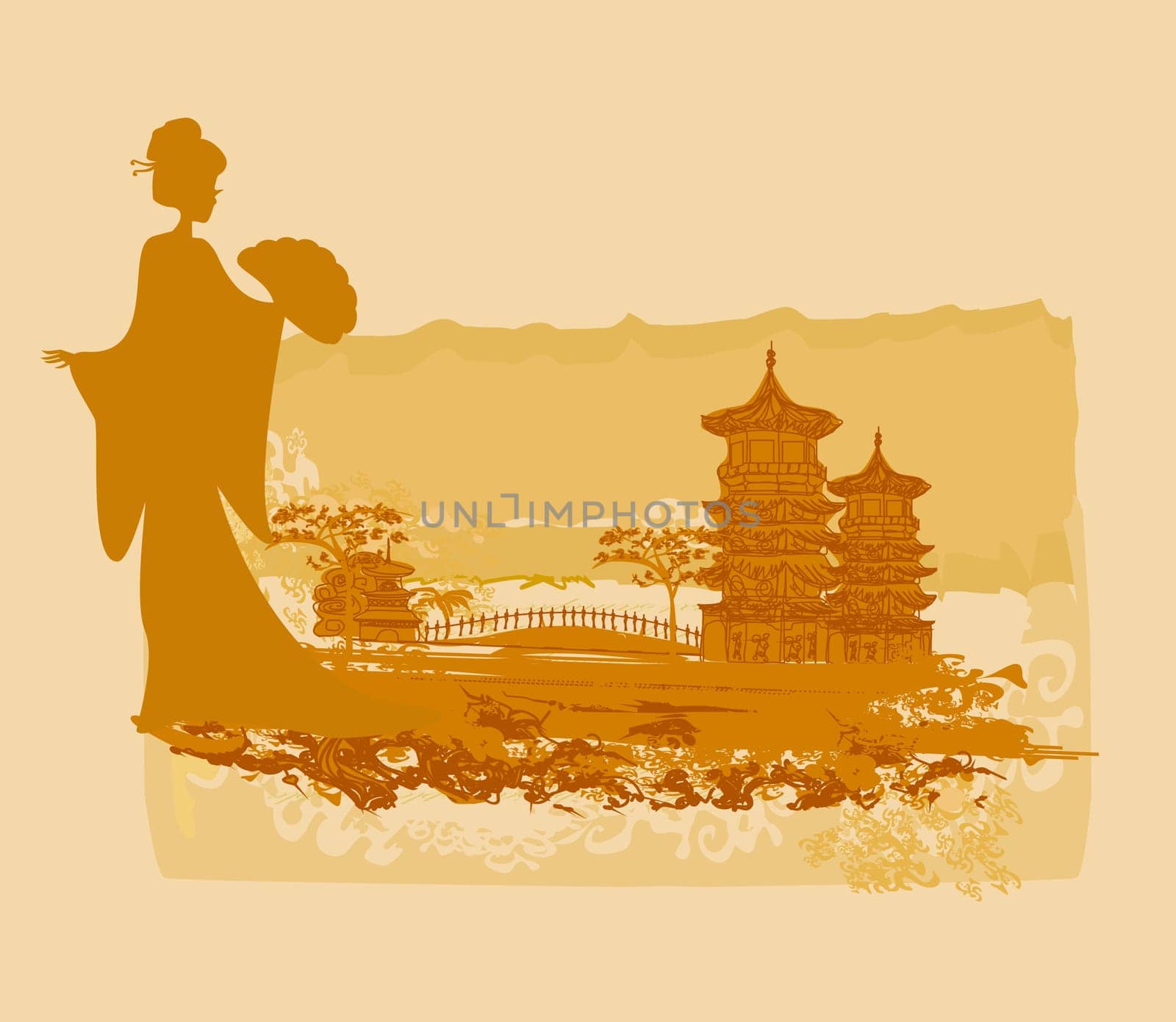 abstract Asian Landscape and beautiful Asian girl