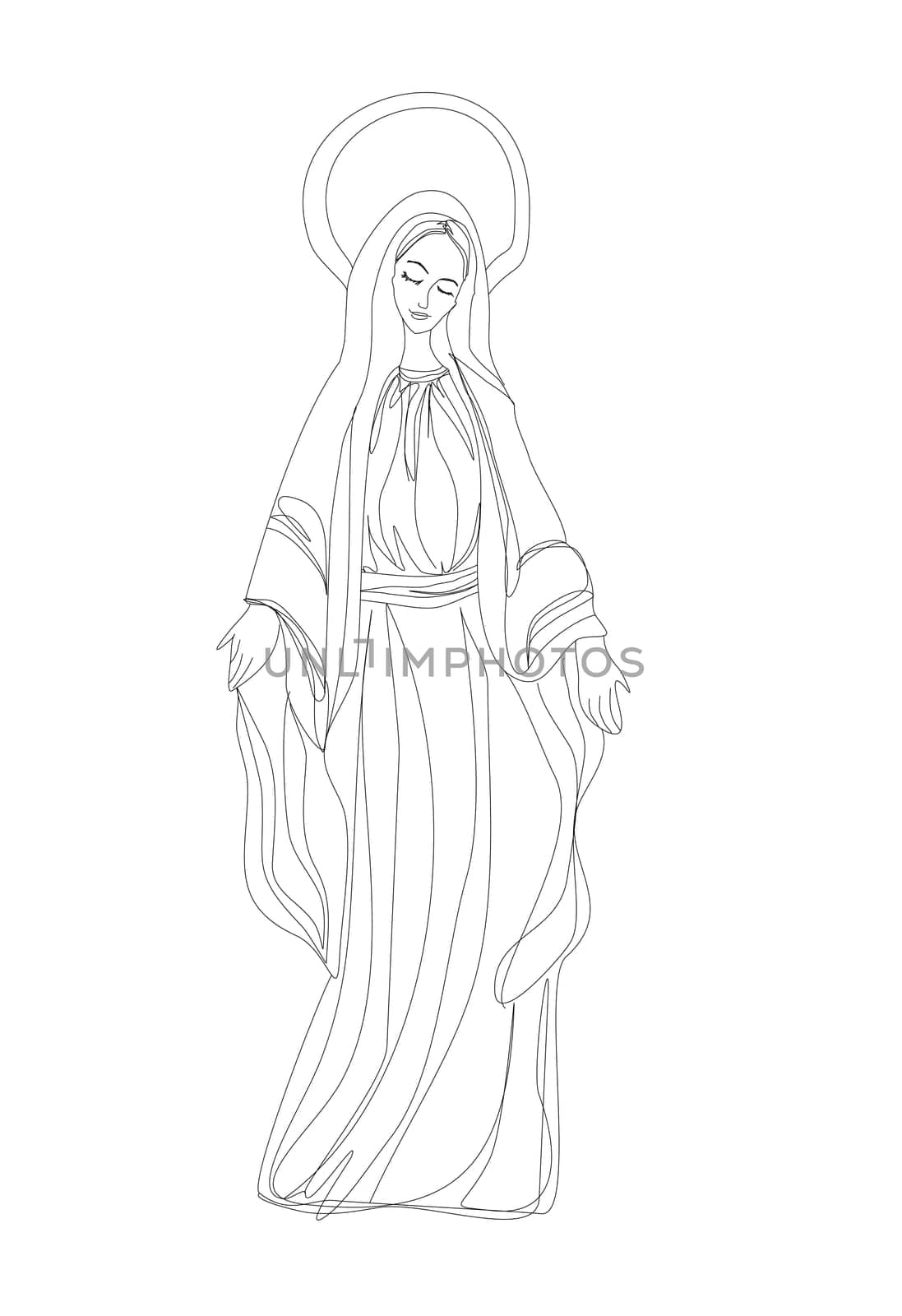 Blessed Virgin Mary in black and white contour drawing