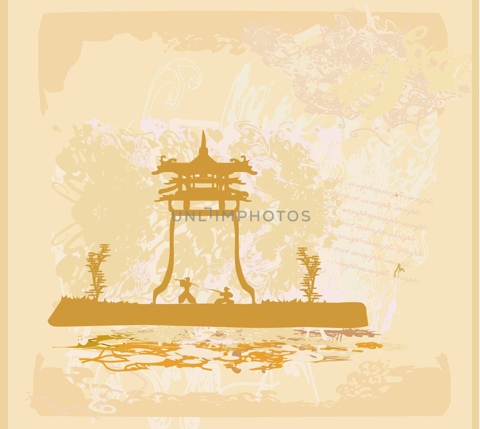 Samurai silhouette in Asian Landscape