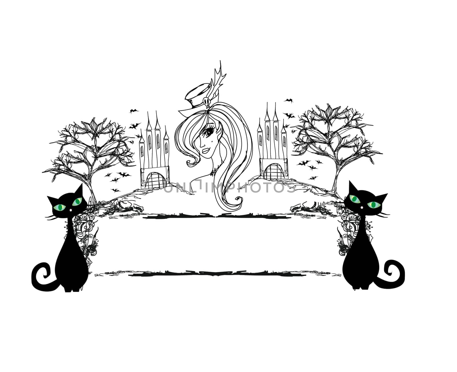Halloween witch and her cat - abstract grunge frame