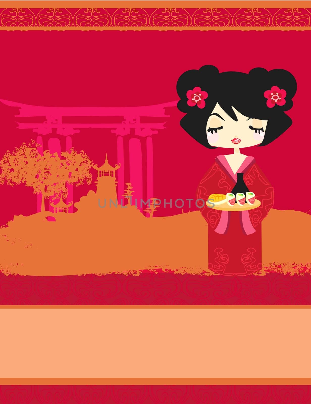 beautiful Asian girl enjoy sushi - menu template
