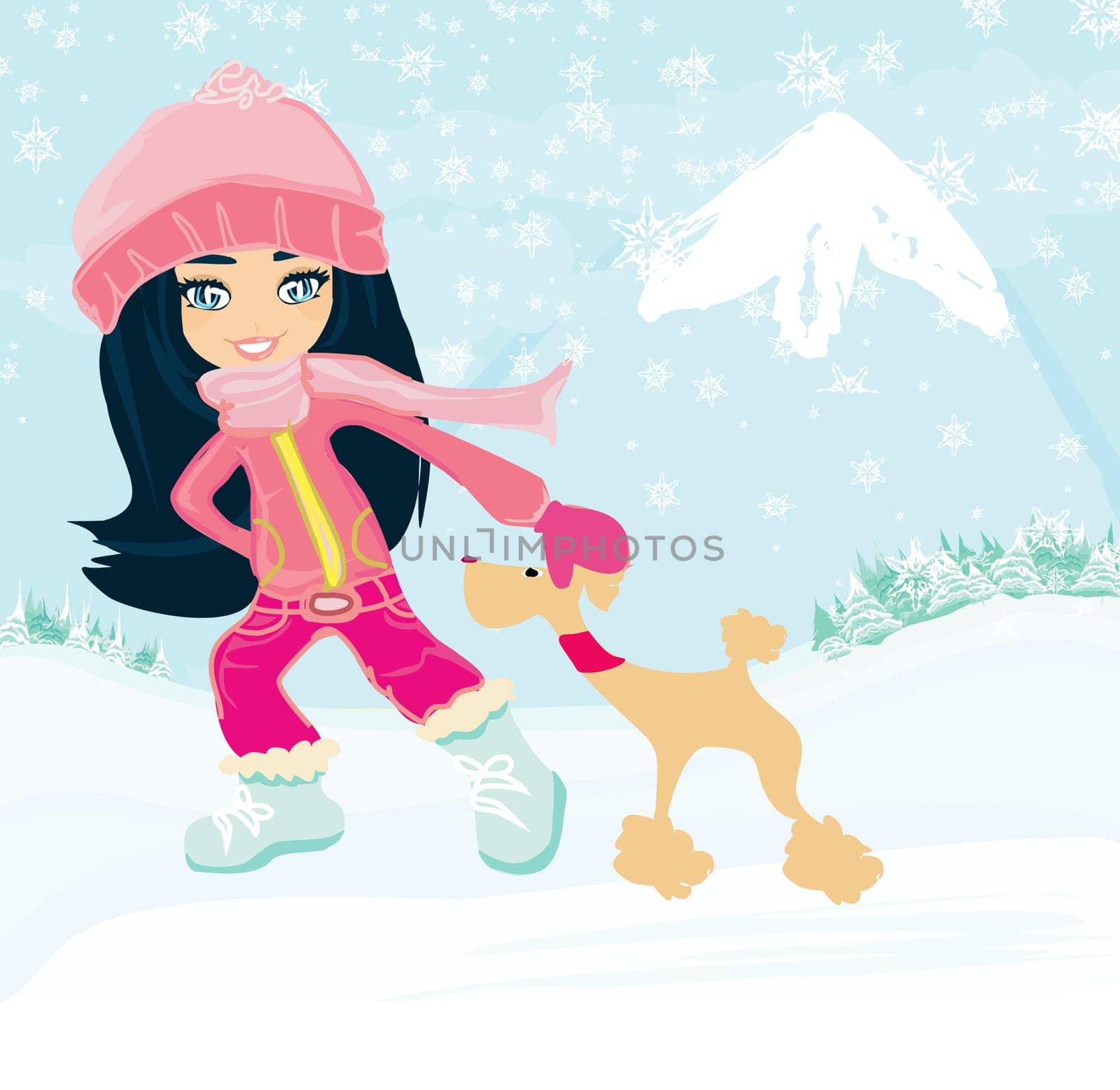 winter girl and her dog