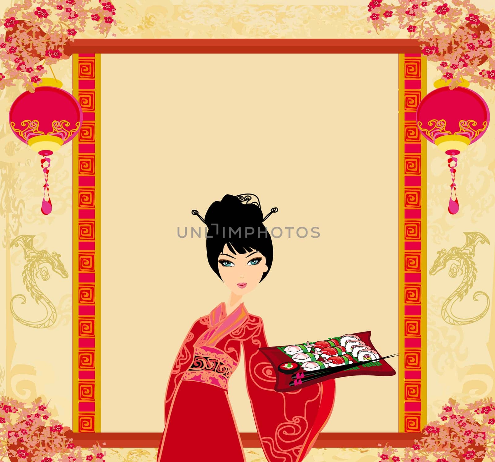beautiful Asian girl enjoy sushi - menu template
