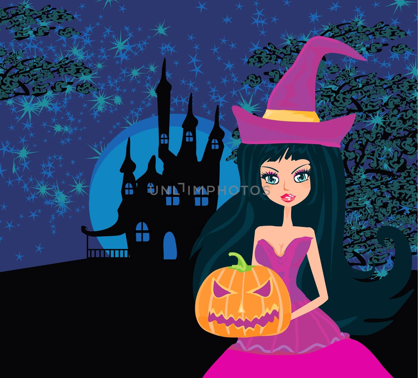 Halloween witch standing with pumpkin