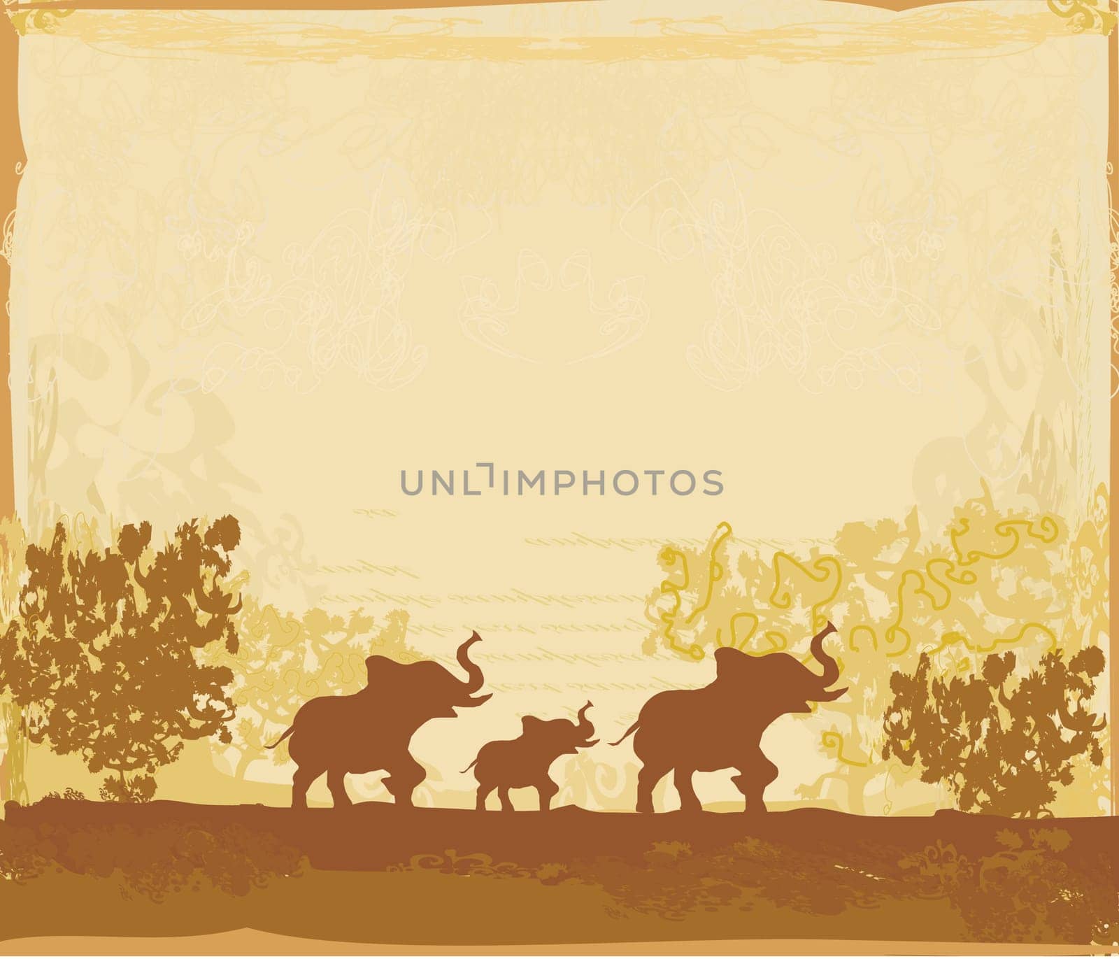 grunge background with elephant family