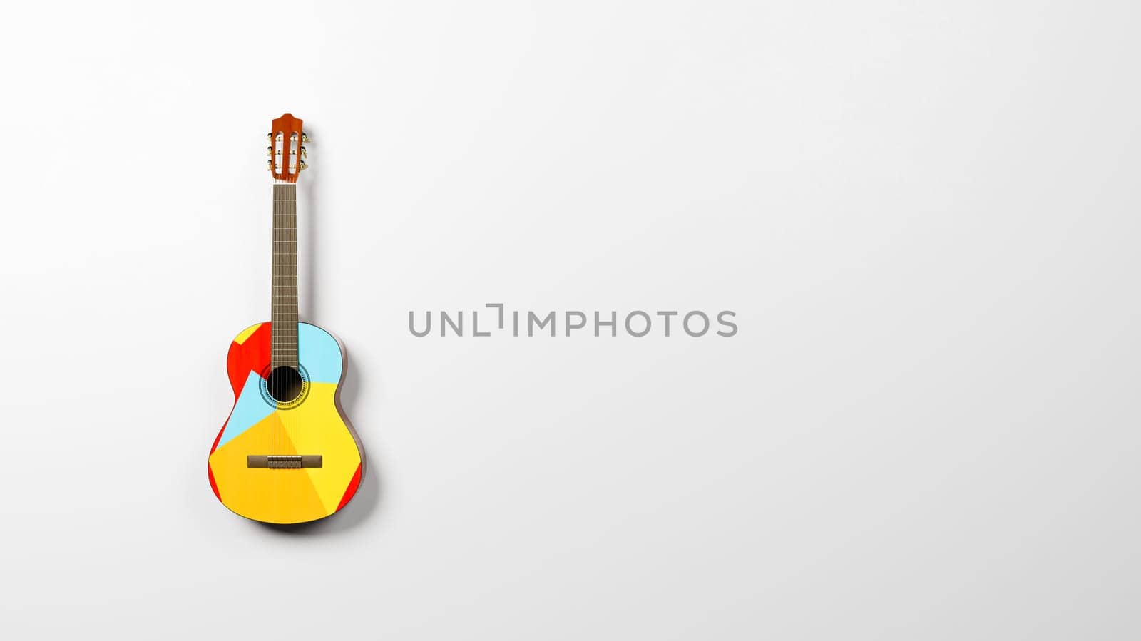 Colorful Variegated Classical Guitar on Light Gray Background with Copy Space 3D Render Illustration