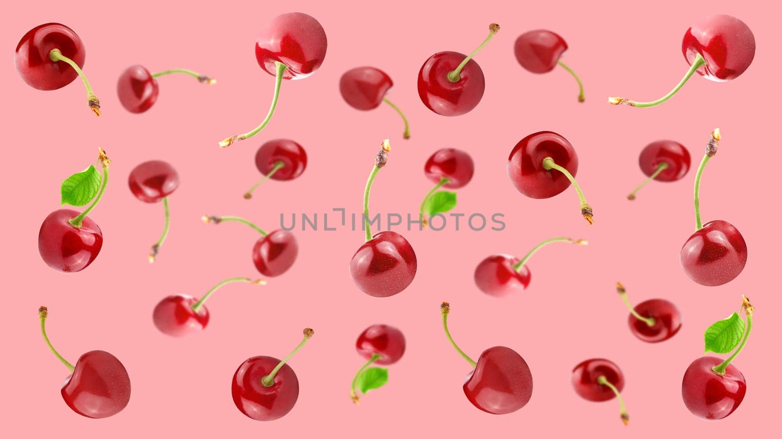 Creative levitation seamless pattern with many red ripe cherry, selective focus
