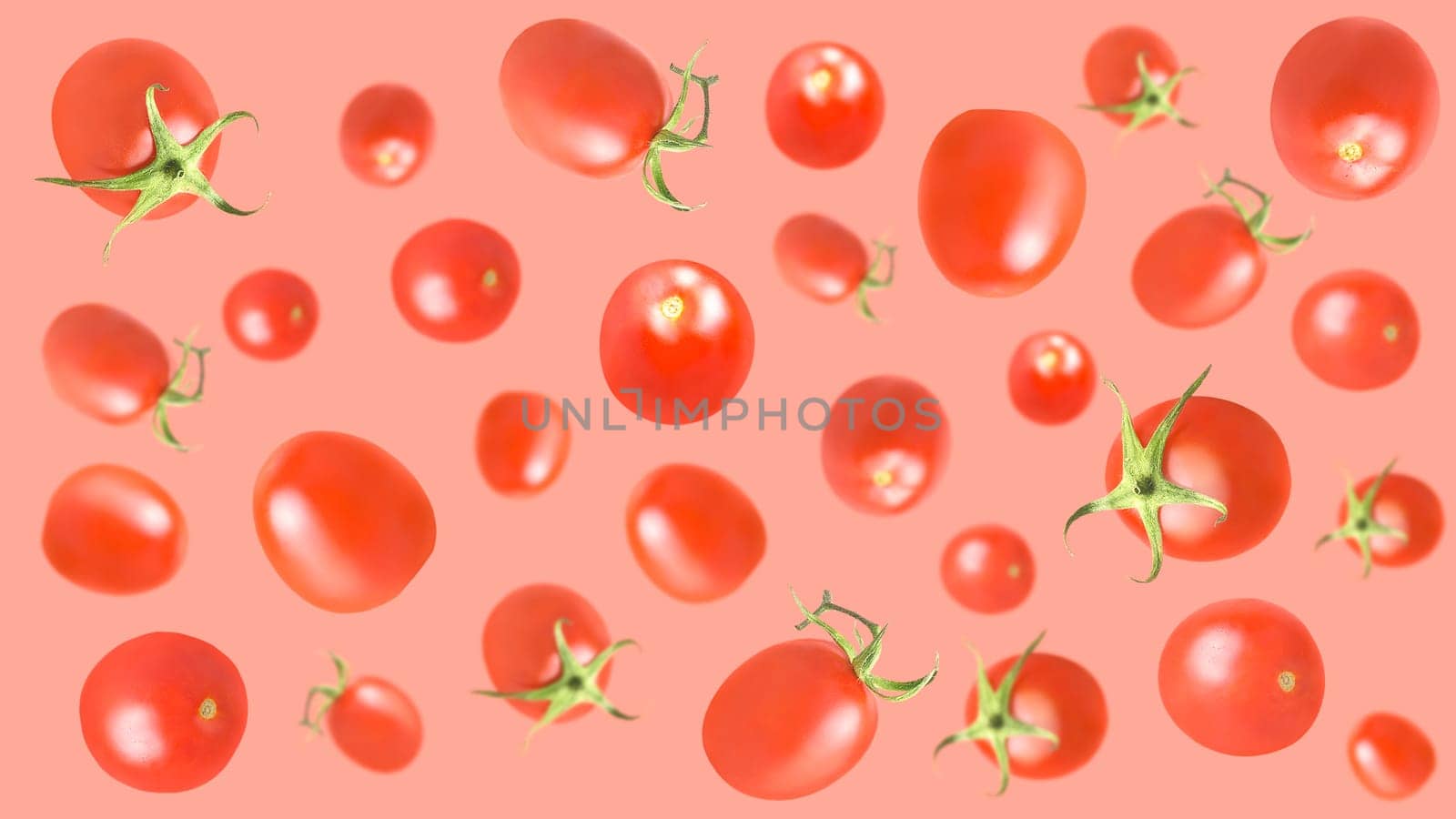Creative levitation seamless pattern with many red ripe tomatoes on a pastel pink, selective focus.