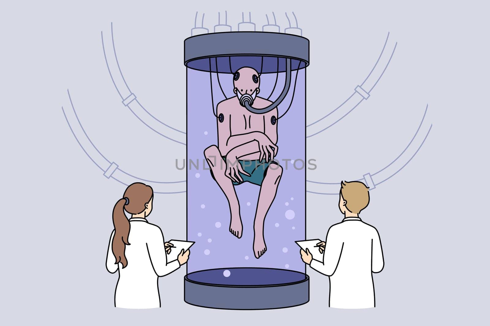 Scientist growing alien in incubator in laboratory. Medical researchers exploring creature in tube with pipes and water. Science experiment concept. Vector illustration.
