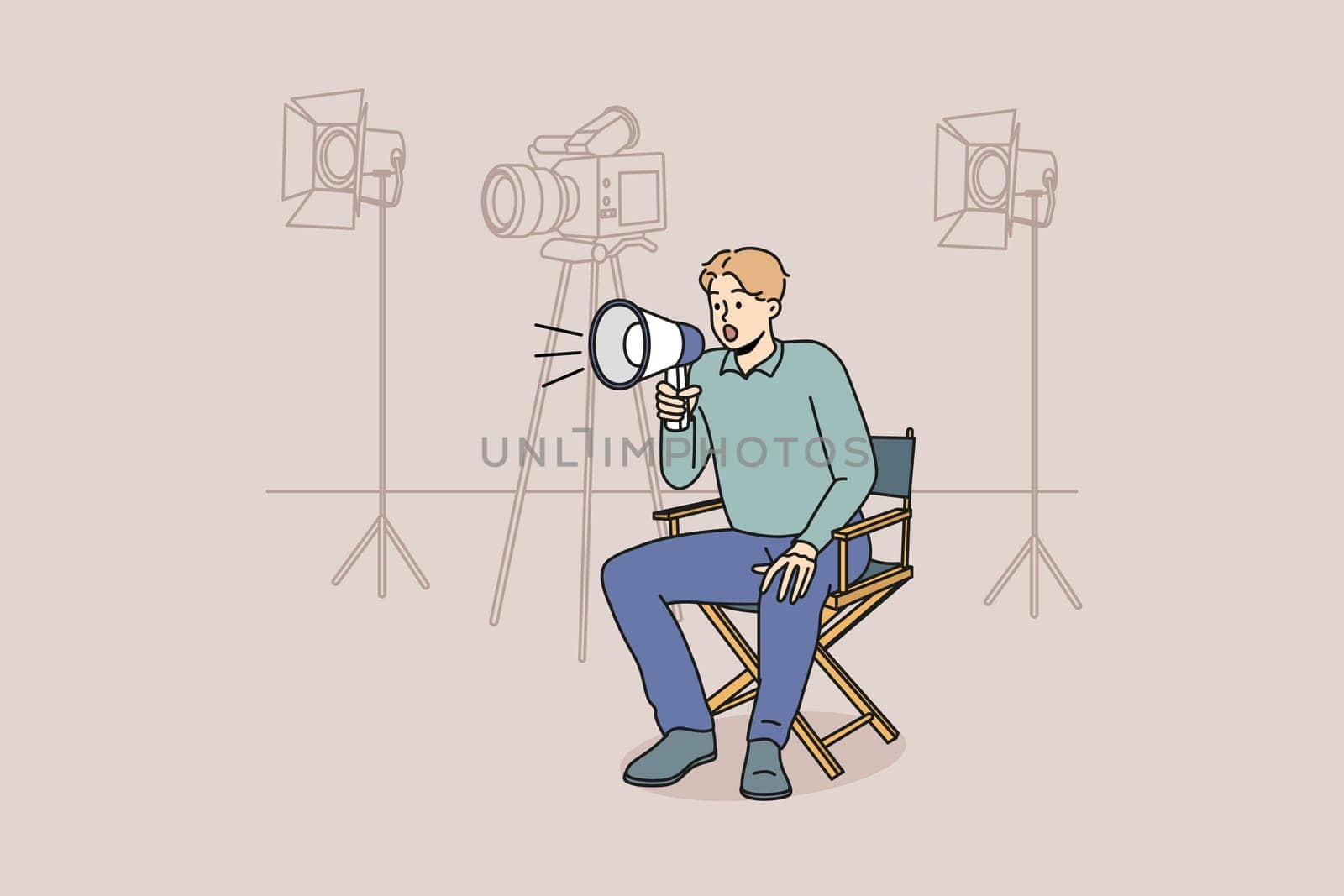 Film producer sitting on chair screaming in megaphone at shooting. Man movie director with loudspeaker manage scene. Vector illustration.
