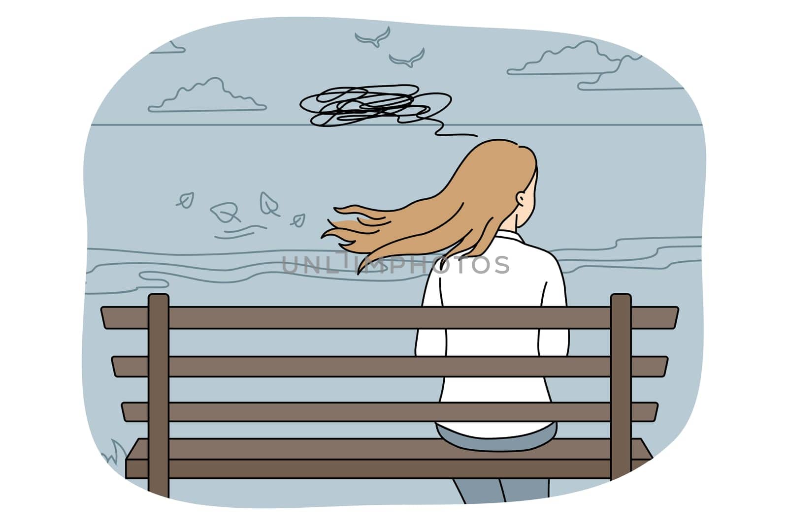 Woman sitting on bench thinking. Back view of female relax outdoors suffer from anxiety or depression overwhelmed with thoughts. Vector illustration.