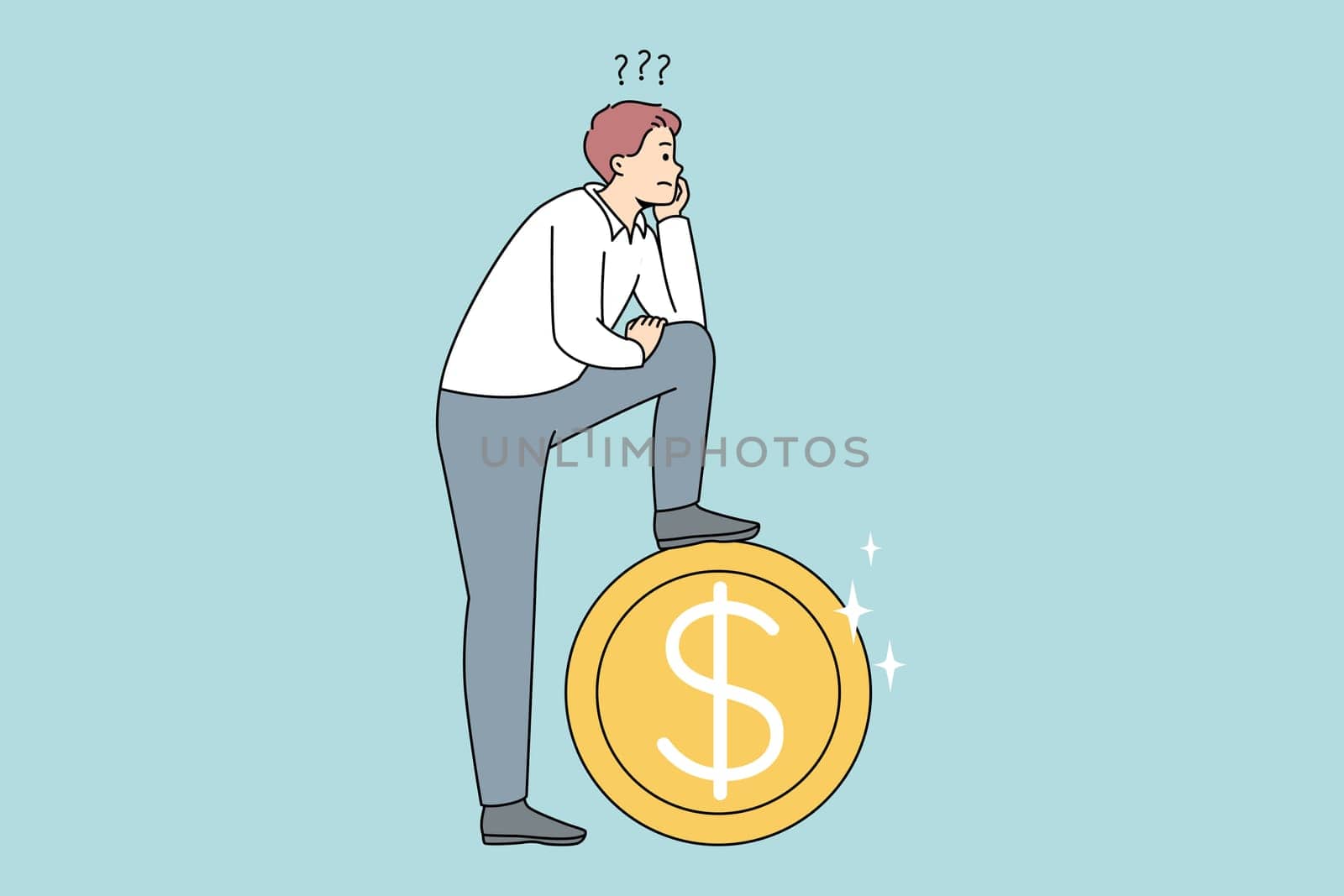 Frustrated man near huge coin thinking of financial problems. Confused male make decision plan about money and investment. Finances and expenses. Vector illustration.