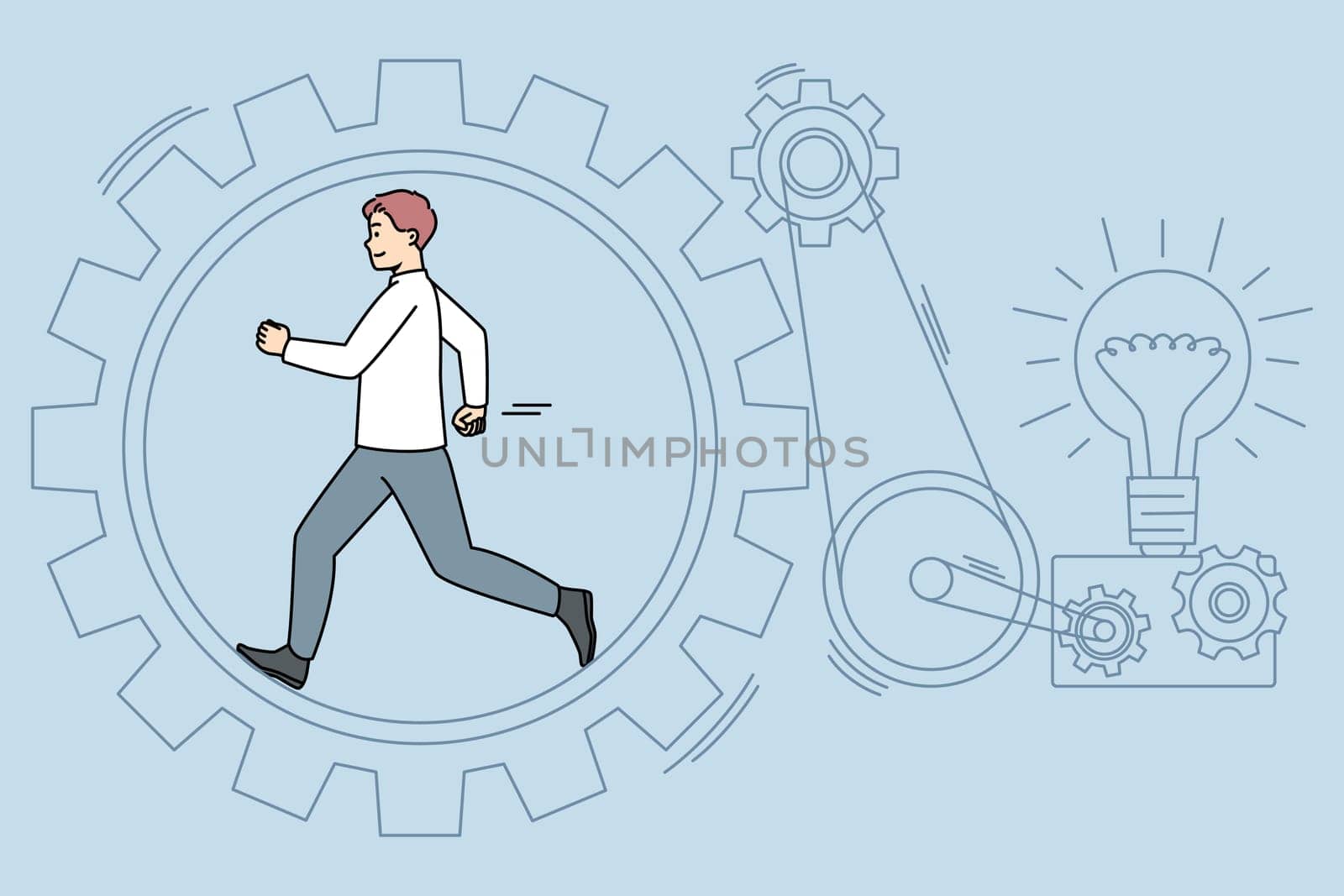 Businessman running in cogwheel generating creative business ideas. Man walk hurry in gear producing project startup or innovation. Motivation and hard work. Vector illustration.