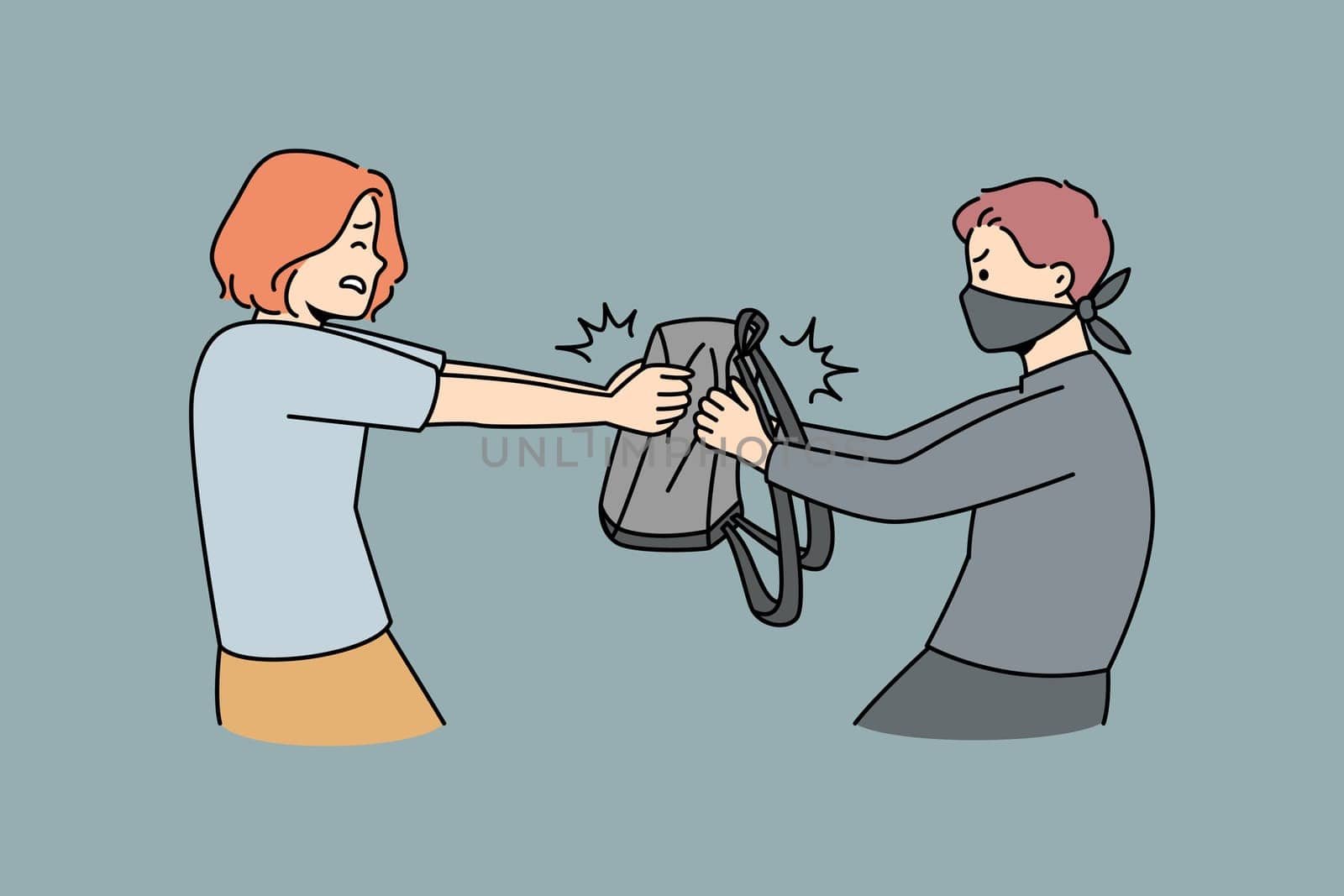 Thief in mask stealing bag from woman on street. Man criminal robbing female outside. Crime and robbery concept. Vector illustration.