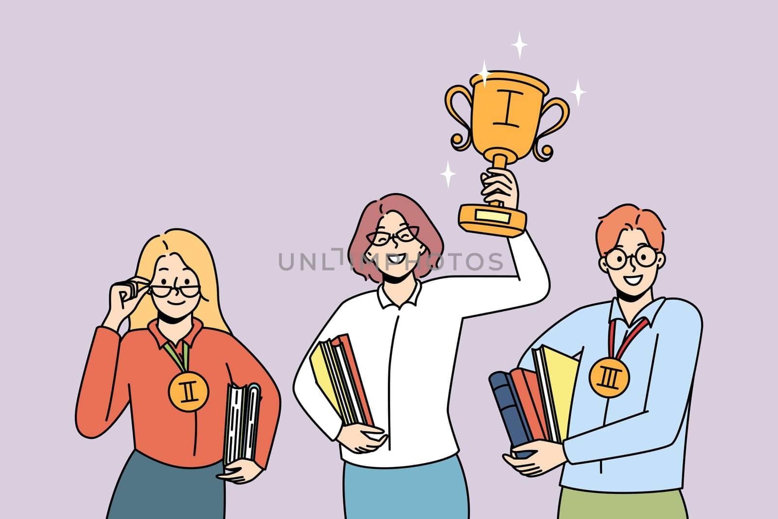 Smiling motivated woman holding golden trophy win first place. Happy clever people winners in competition. Education and success, personal achievement. Vector illustration.