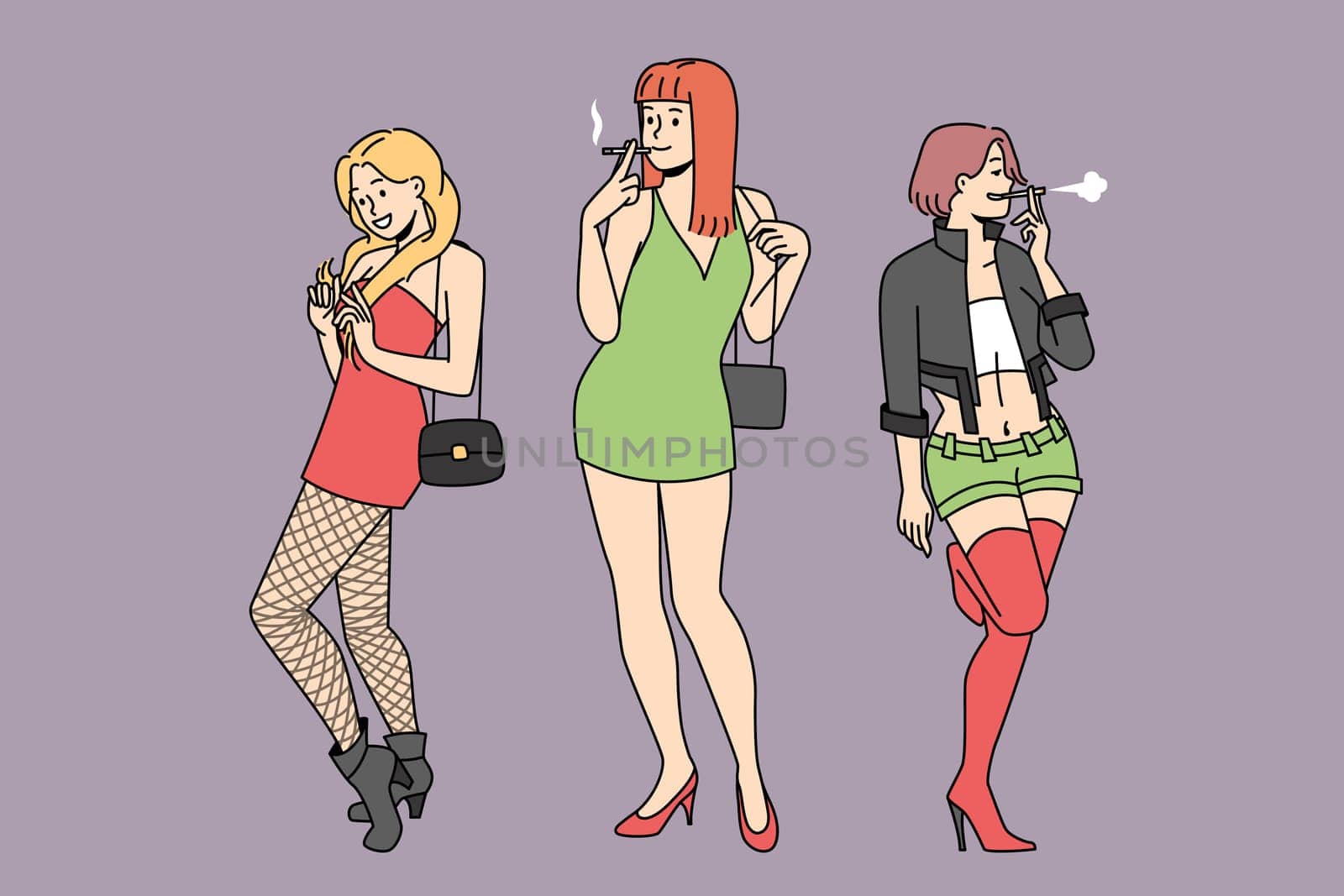 Group of girls in short dresses standing on street at night. Female prostitutes work outside. Vulgar girls in open apparel. Vector illustration.