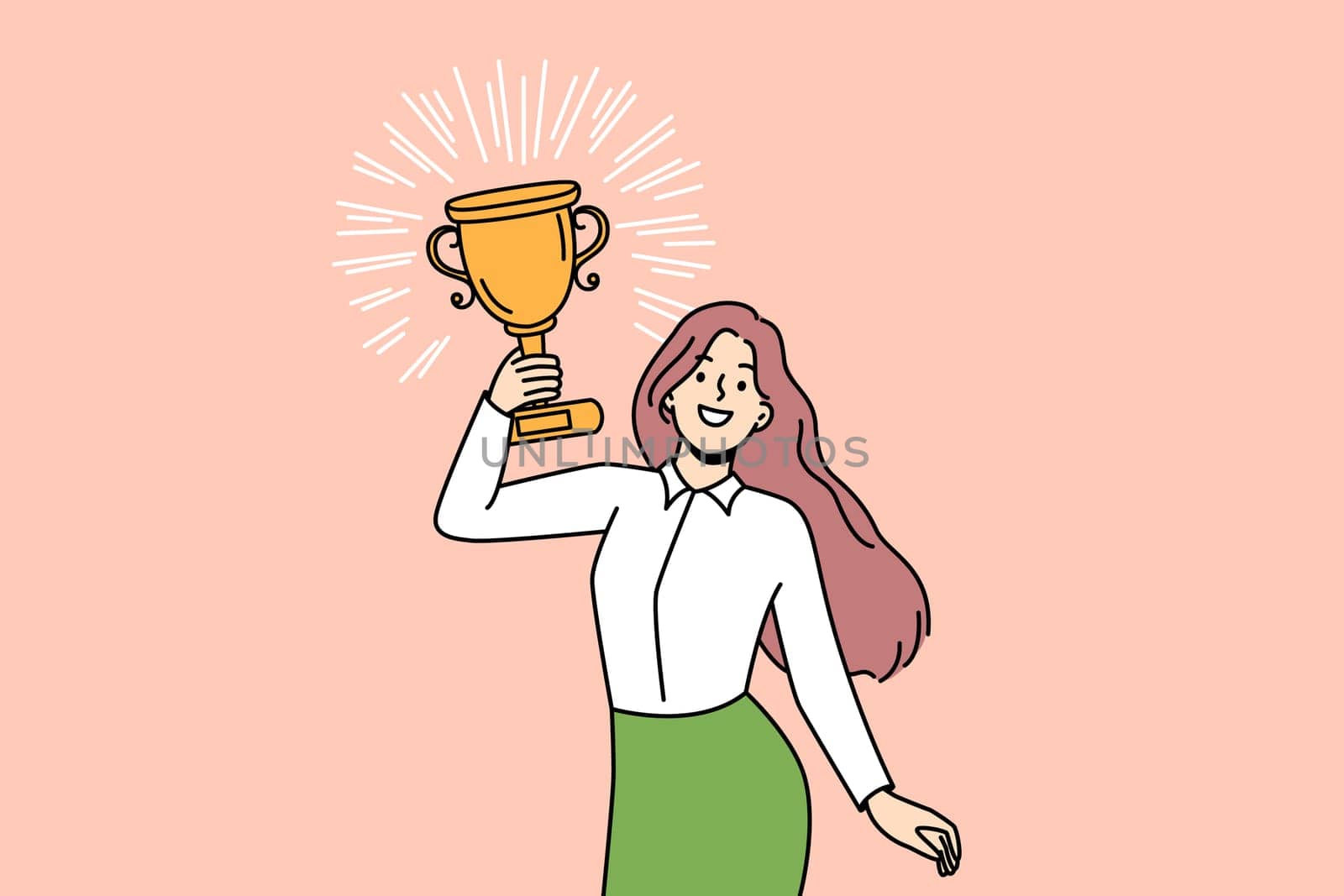 Happy woman with golden prize celebrate work or personal success. Motivated female holding trophy excited about achievement or business award. Vector illustration.