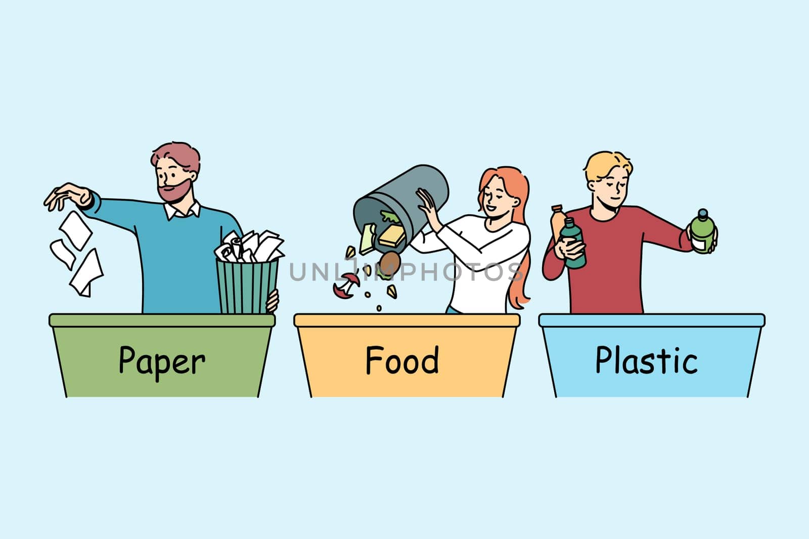 People sorting waste in containers. Eco friendly volunteers or activists care about environment. Ecology management concept. Vector illustration.